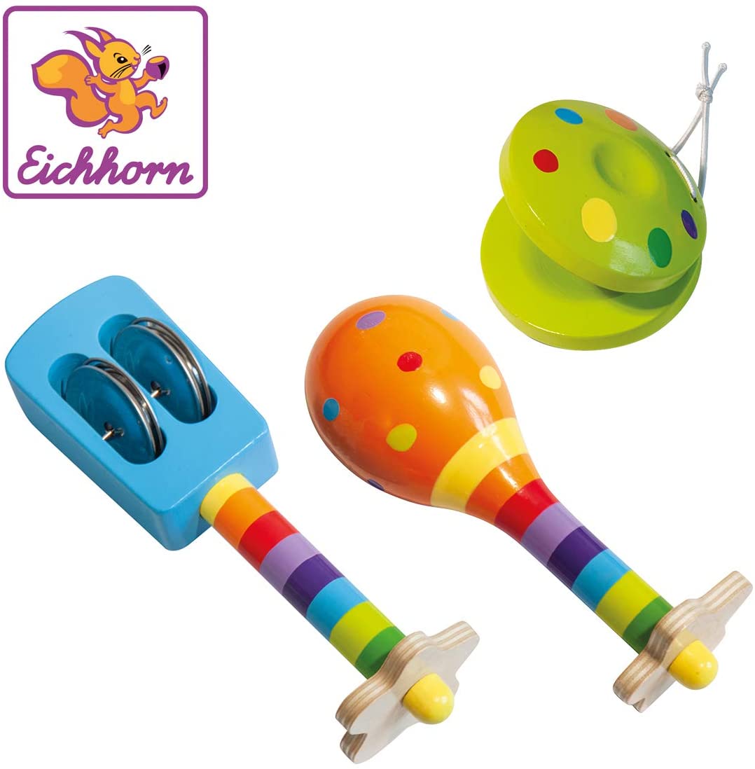 Eichhorn 100003484 Music Set Contains Rattle, Maracas and Castanets, Colourful Wooden Musical Instruments, 3 Pieces, from one year