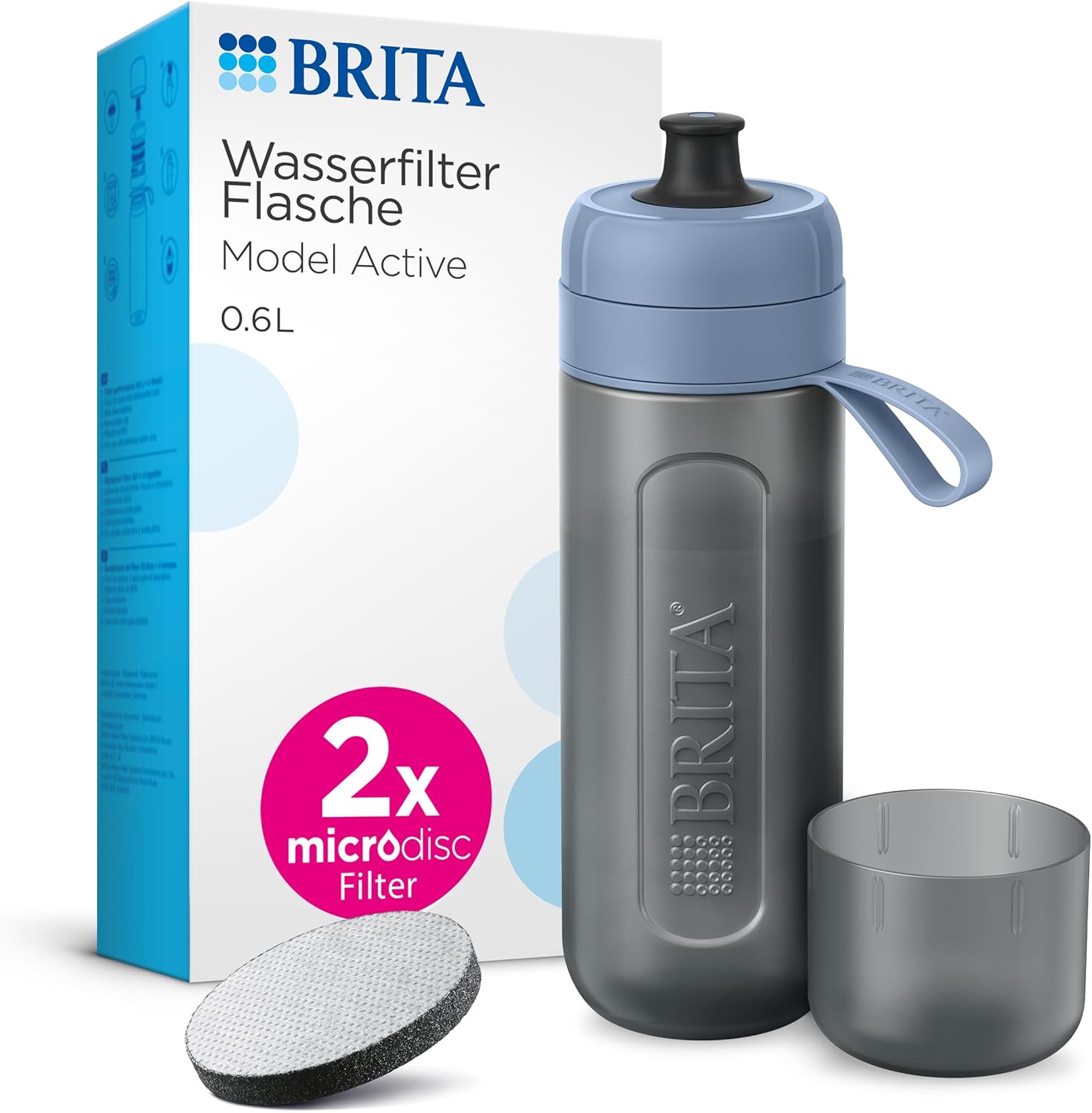 BRITA Sport Water Filter Bottle Model Active Dark Blue (600 ml) Includes 2 MicroDisc Filters - Squeezable Bottle for Travel, Water Bottle Filters When Drinking/Dishwasher Safe
