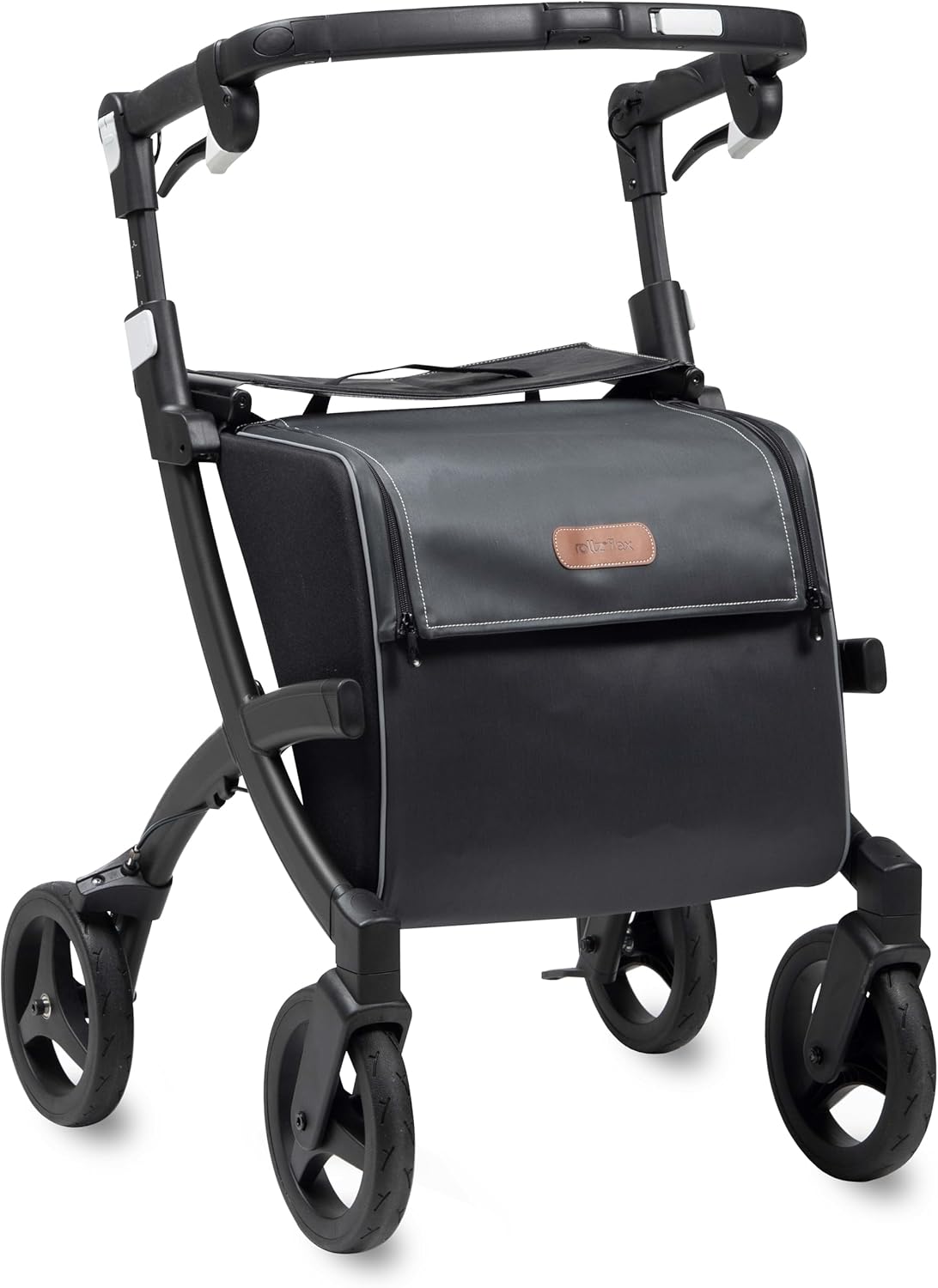 Rollz Flex 2 Matte Black - Upright Walker with Seat - Lightweight Rollator with Wheels - Foldable Design and Large Shopping Bag - Modern and Ultimate Support (Regular)