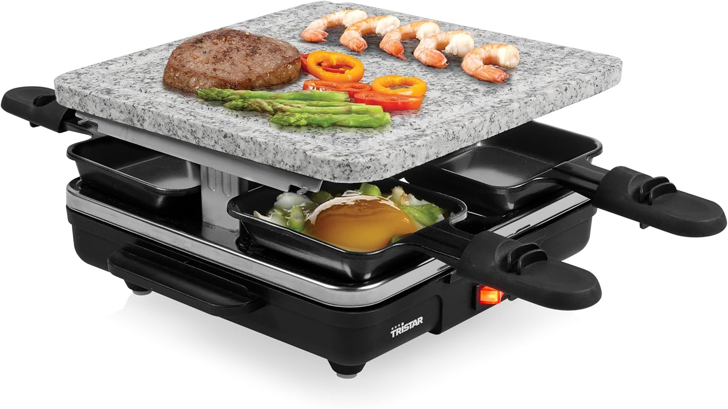 Tristar Raclette Stone - Stone Grill Plate - Grill Surface 21 x 21 cm - Suitable for Four People - Includes 4 Pans - BPA Free - RA-2745