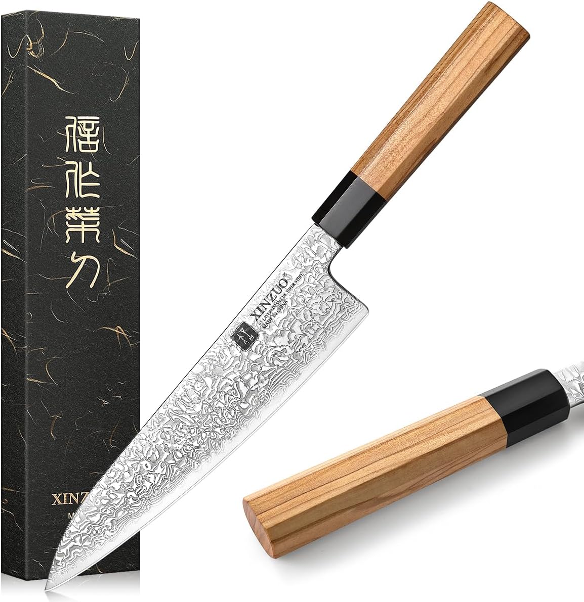 XINZUO 21.5 cm Damascus Steel Chef's Knife, Japanese Style Chef's Knife, Professional Kitchen Knife, Hand-Forged Damascus Knife for Cutting Meat and Vegetables, Olive Wood and Black Buffalo Horn
