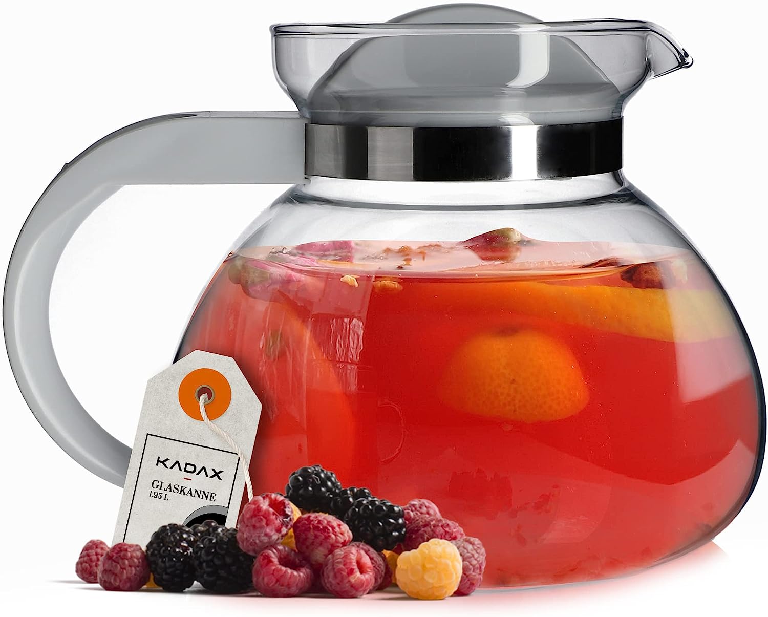 Kadax Glass Jug, 1.95 l, Fireproof Teapot Made of Borosilicate Glass, Plastic, Large Jug with Lid, Tea Jug for Drinks, Coffee, Tea, Juice, Water, Heat Resistant (Gray)