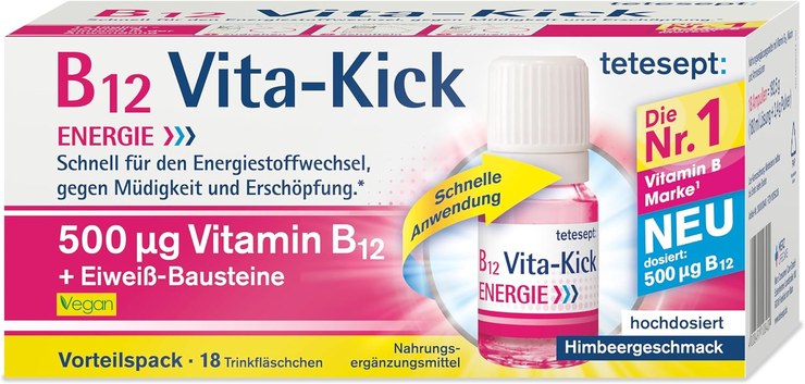 tetesept B12 Vita-Kick Drinking Ampoules - Dietary Supplement for Energy Metabolism, Against Fatigue and Fatigue - High Dose Vitamin B12 Ampoules, 1 Storage Pack of 18 Bottles