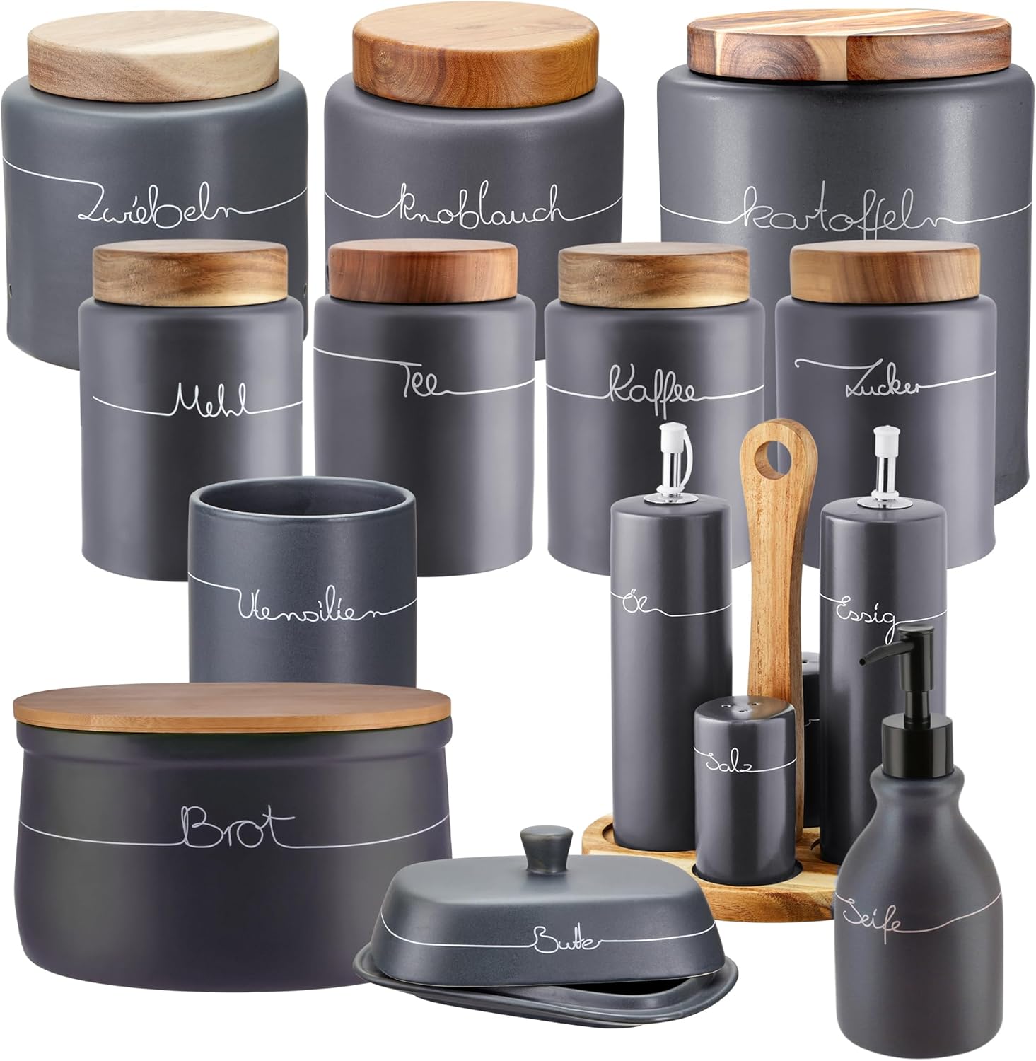 KHG Storage Jars Set for the Kitchen in Anthracite Gray with Wooden Lid, Storage Jars Ceramic Stoneware Polished with Lettering, Storage Kitchen Organizer Set, Plastic-Free and Light-Protected