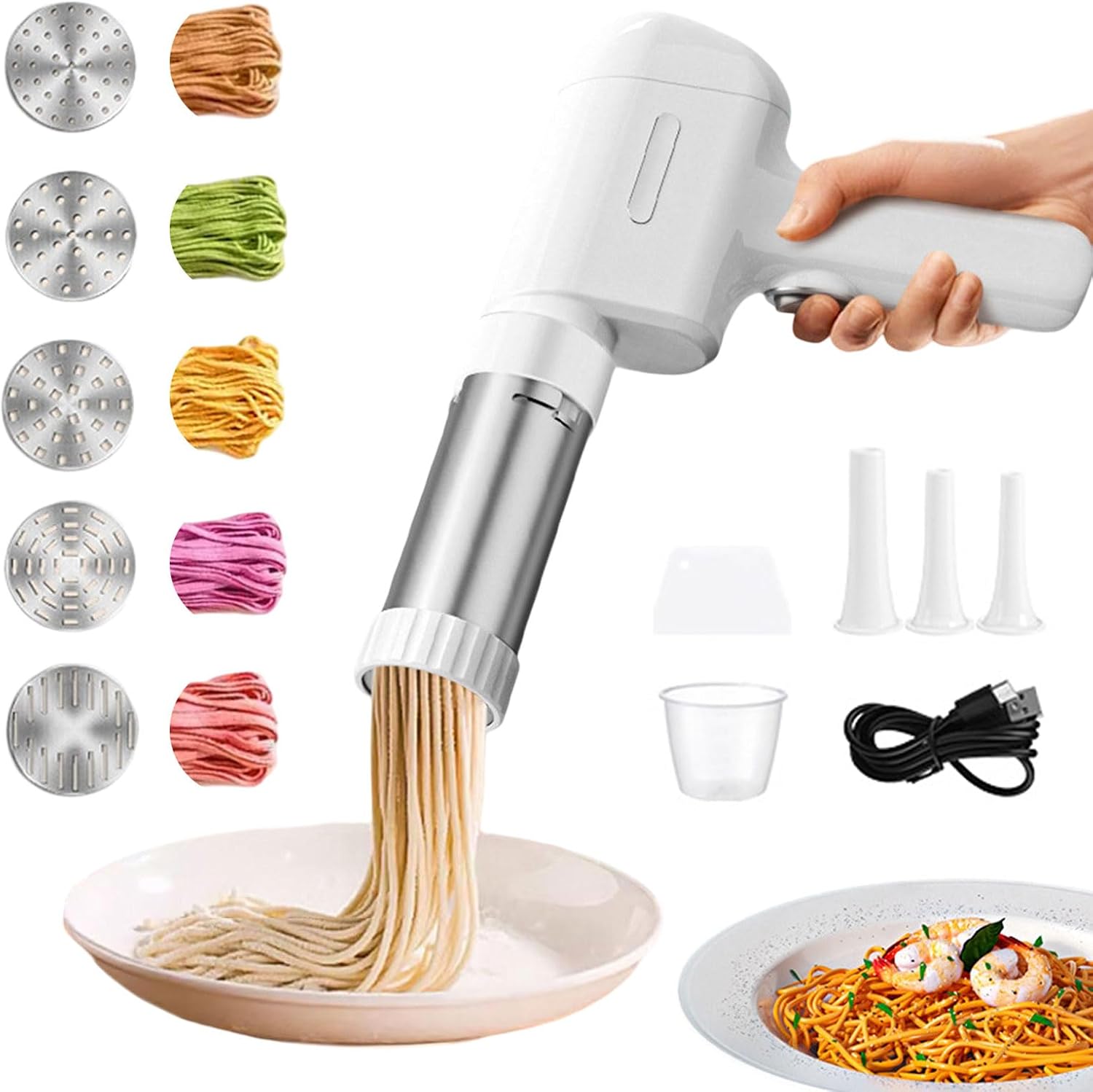 Tokenhigh Handheld Electric Pasta Machine, Portable Electric Noodle Press, 2000 mAh Battery, Pasta Maker, Pasta Machine, Electric Spaghetti Press, 5 Press Molds, 4 Accessories, White