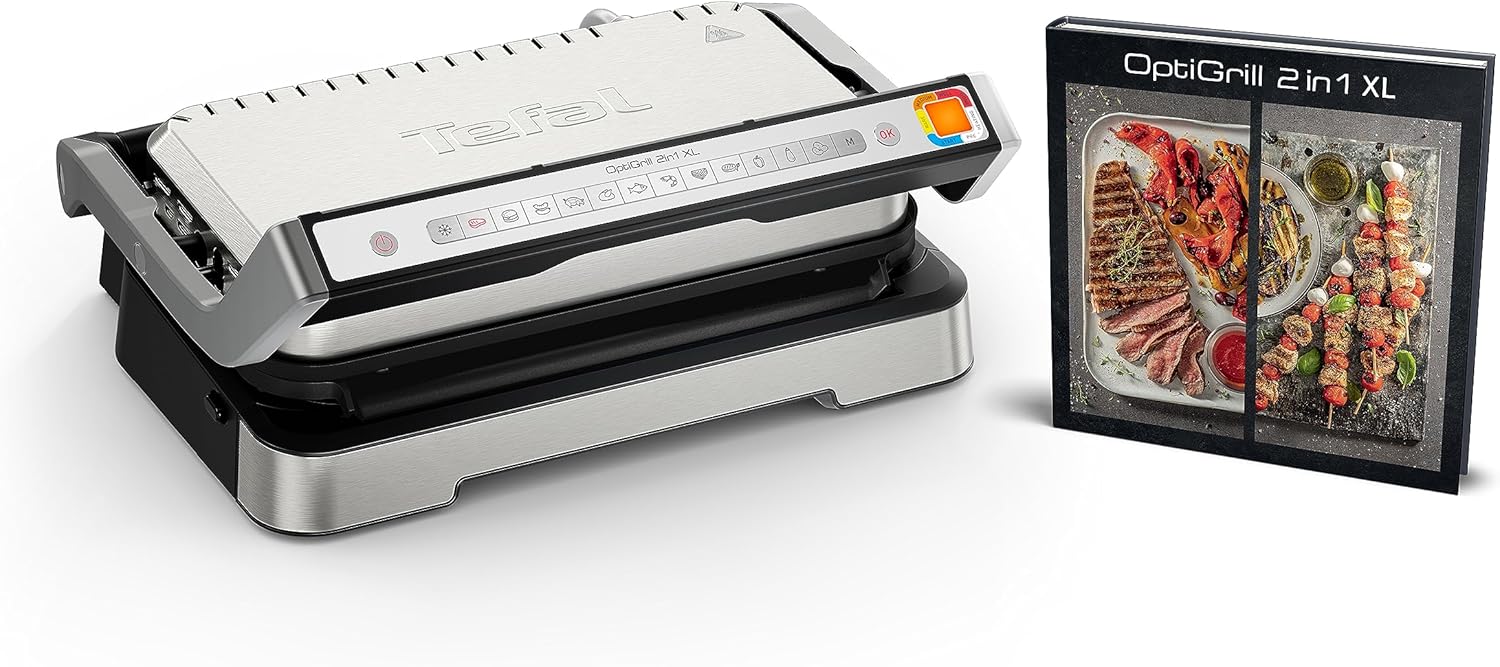 Tefal OptiGrill 2-in-1 XL Contact Grill, Hinged, Table Grill, 12 Programs, Cooking Level Display, Removable XL Plates, Electric Grill, GC782D10