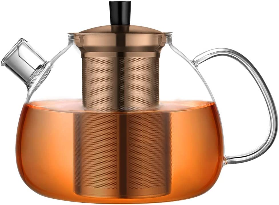 ecooe Original 1500 ml Bronze Glass Teapot, Borosilicate Glass Tea Maker with Removable 18/8 Stainless Steel Strainer, Rustproof, Heat Resistant for Black Tea, Green Tea, Fruit Tea, Scented Tea Bags