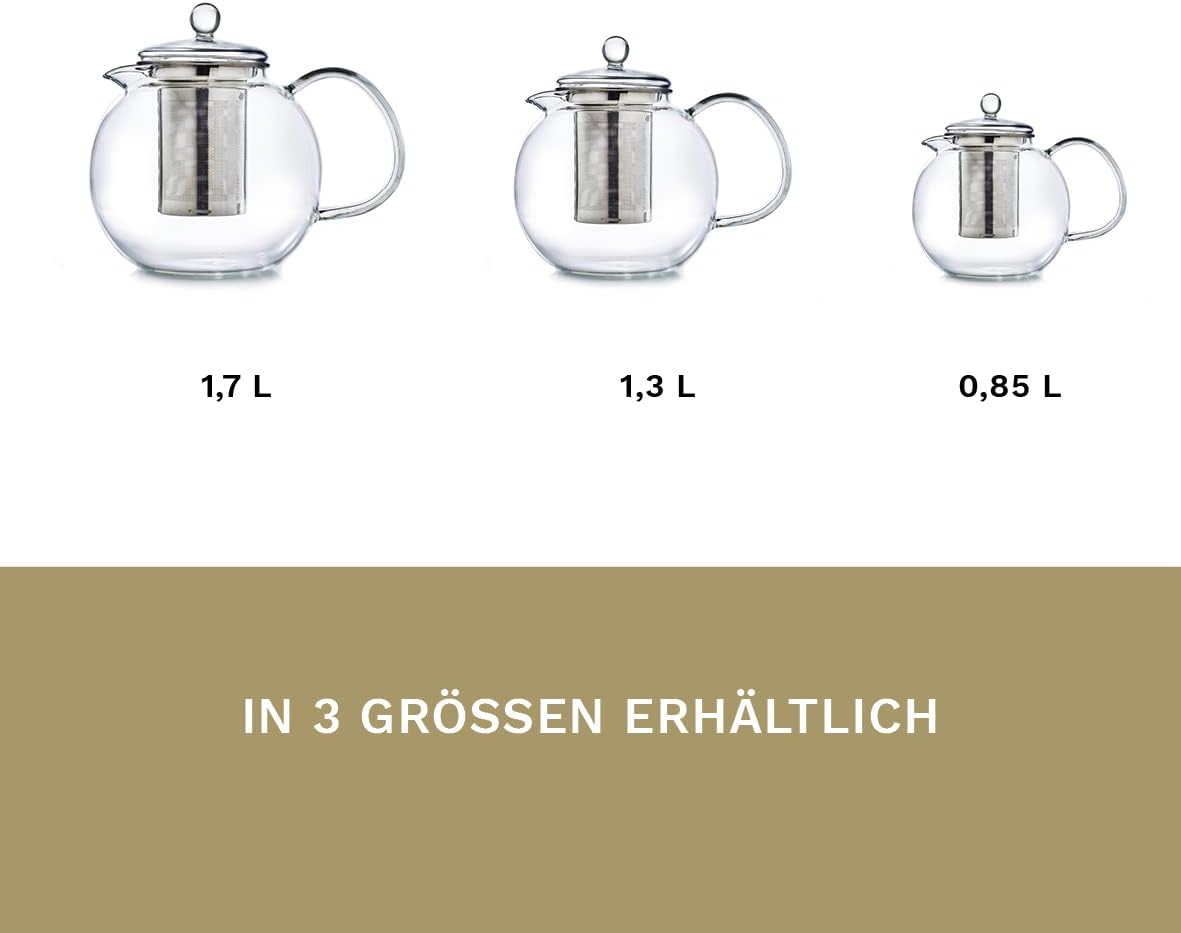 Creano Glass Teapot 1.7 L 3-Part Tea Maker with Integrated Stainless Steel Strainer and Glass Lid, Ideal for Making Loose Teas, Drip Free, All-in-One