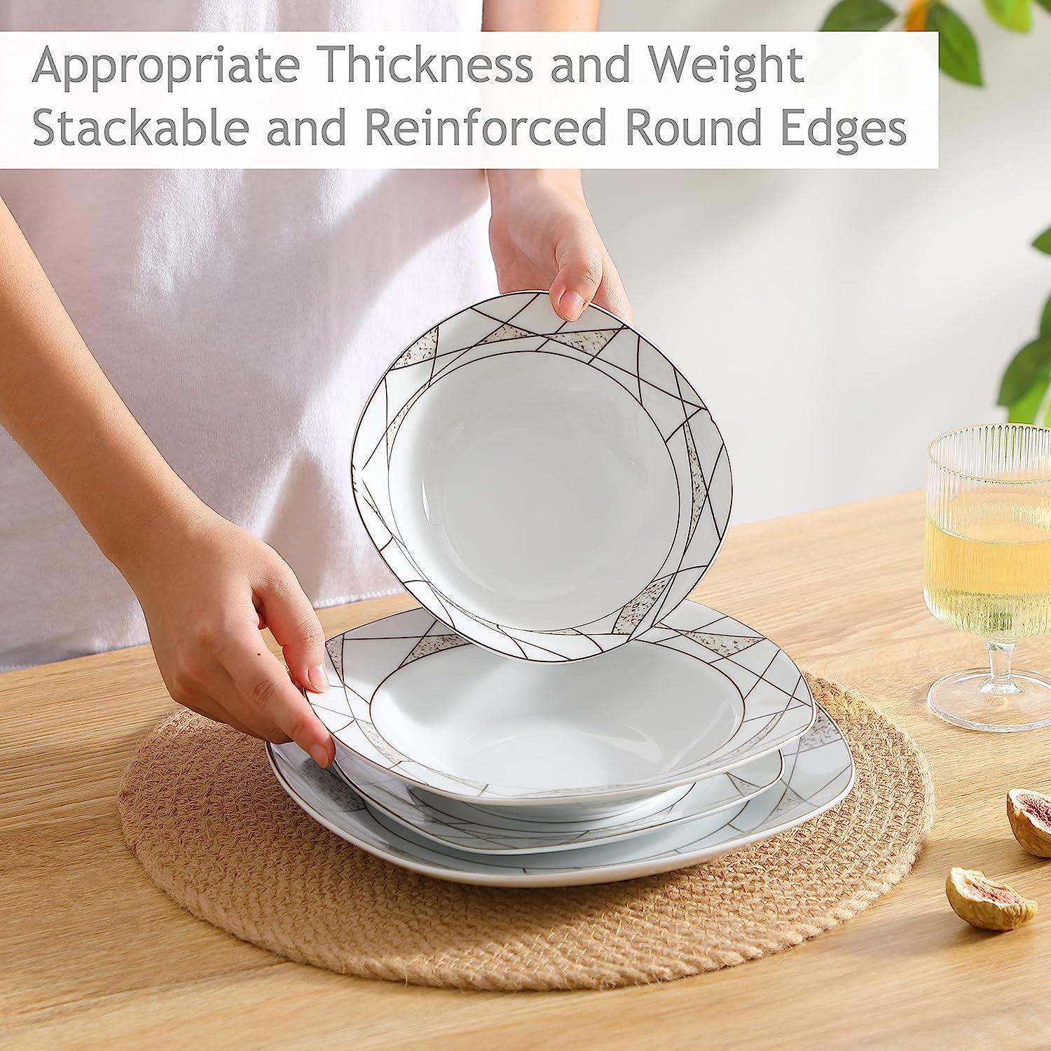 Veweet Serena Series Porcelain Dinner Service 60 Pieces Crockery Set for Restaurant and Family Tableware for 12 People