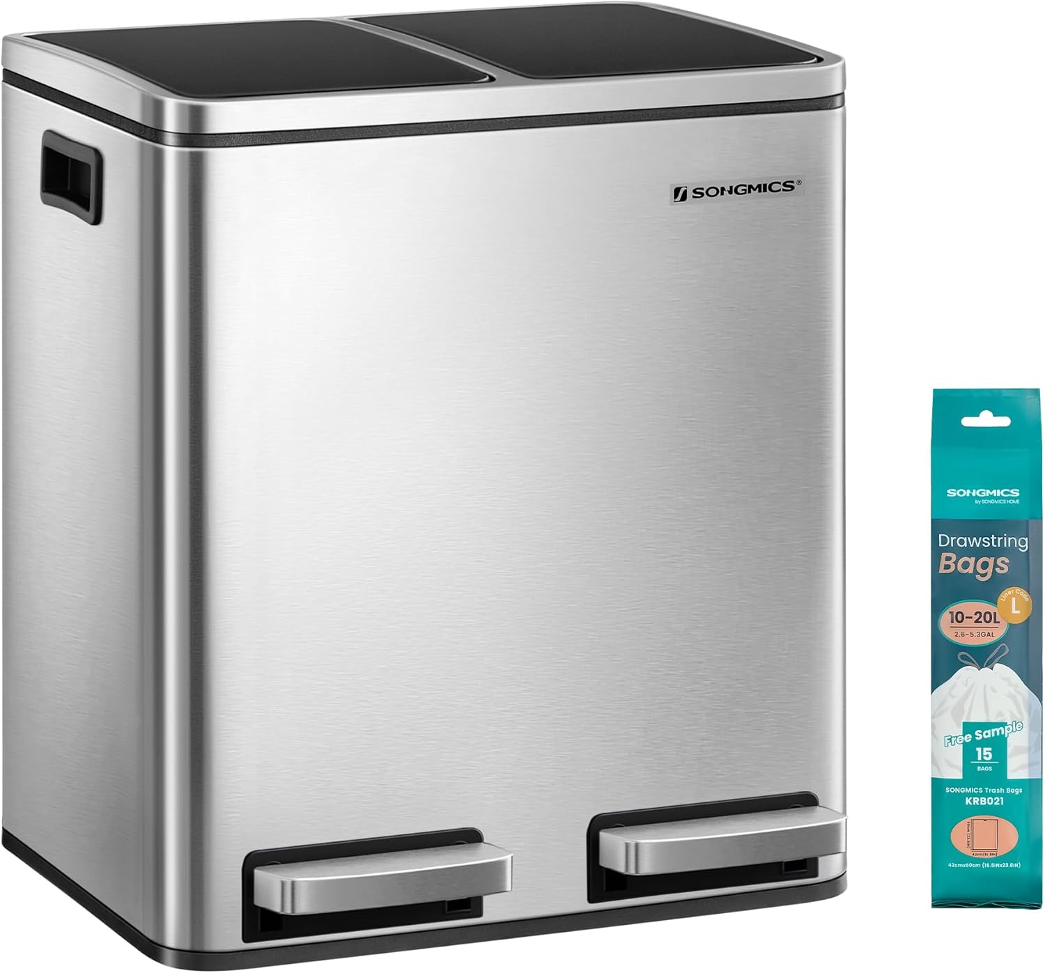 Songmics LTB30H 30 L Waste Separation System with 2 Inner Buckets, Pedal Bin for Kitchen, Stainless Steel, 2 x 15 L, 30l