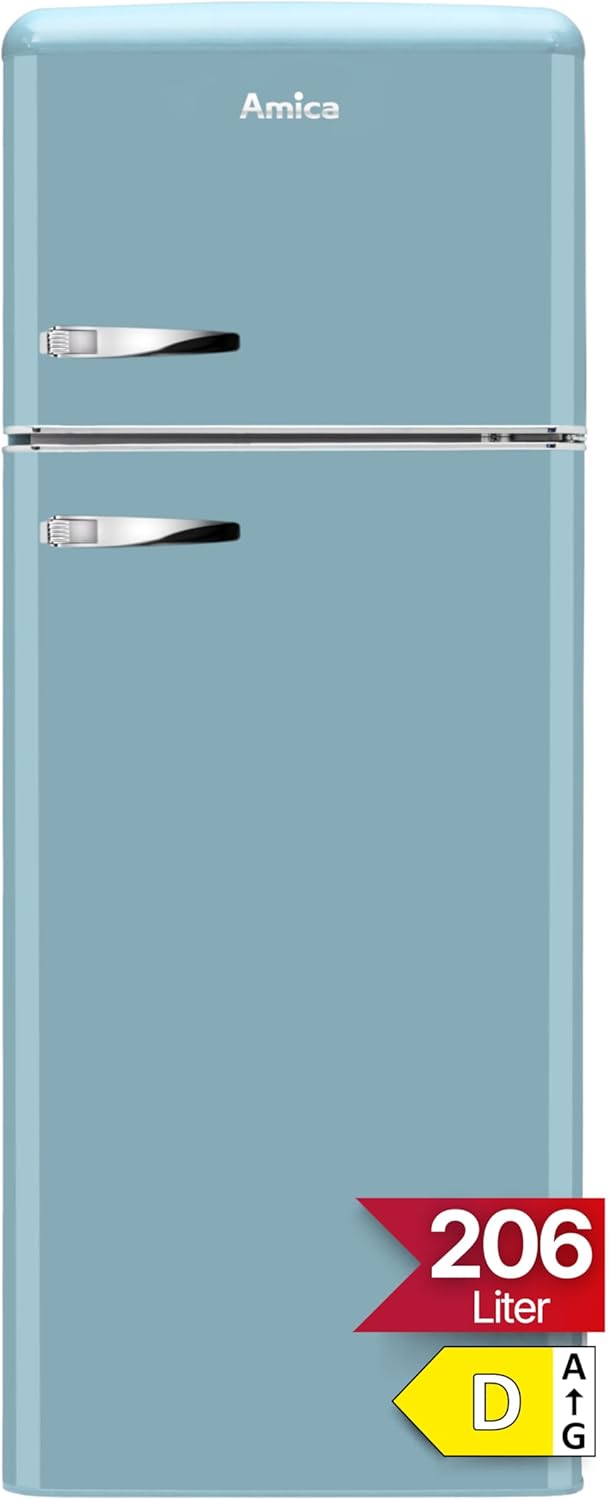 Amica Retro Freestanding Fridge Freezer 206L FrostControl LED Lighting Retro Design 144 x 55 x 62 cm - Refrigerator Turquoise Blue