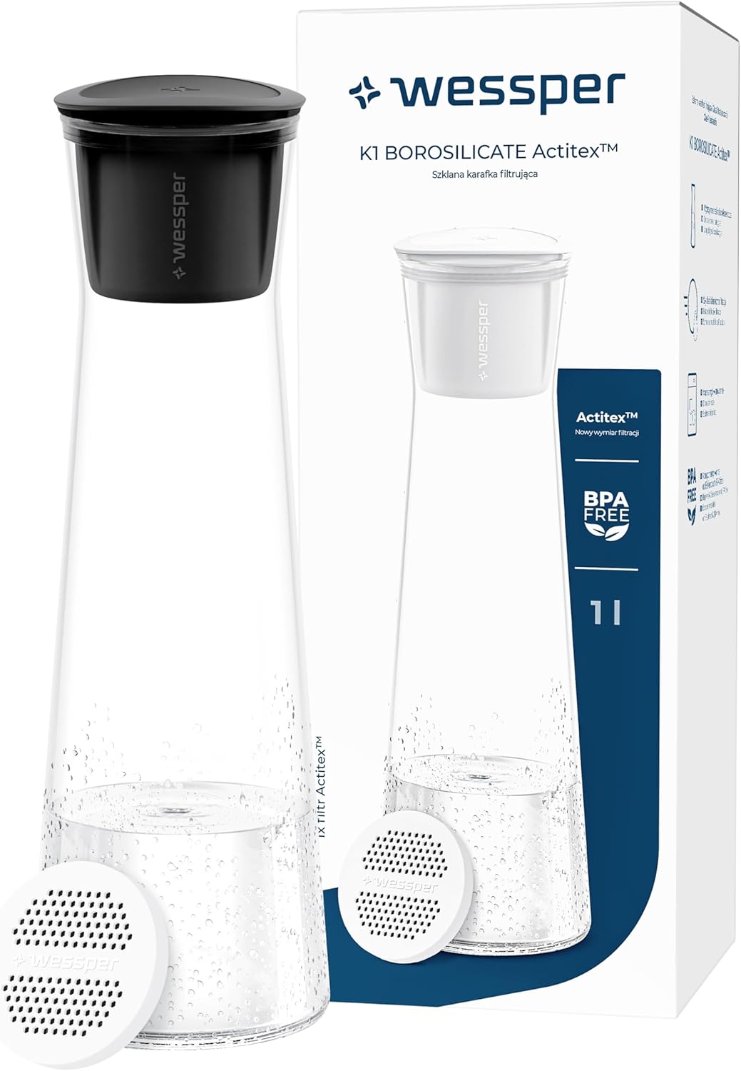 Wessper Glass Water Filter Carafe, 1 Liter, Water Carafe with Micro Disc Water Filter, Glass Carafe with Lid, for Filter Water and Cold Drinks, BPA-Free - Black