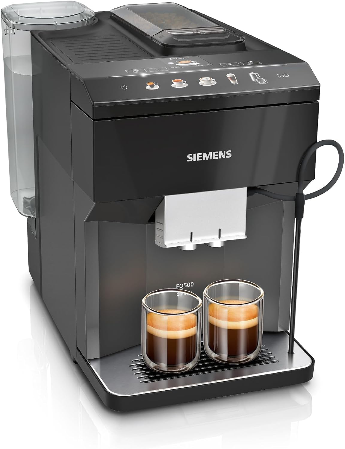 Siemens EQ500 Classic Fully Automatic Coffee Machine, Colored TFT Display, 5 Coffee and Milk Drinks, Double Cup Function, Easy Cleaning, Removable Brewing Unit, with Milk Hose, Black, TP511E19