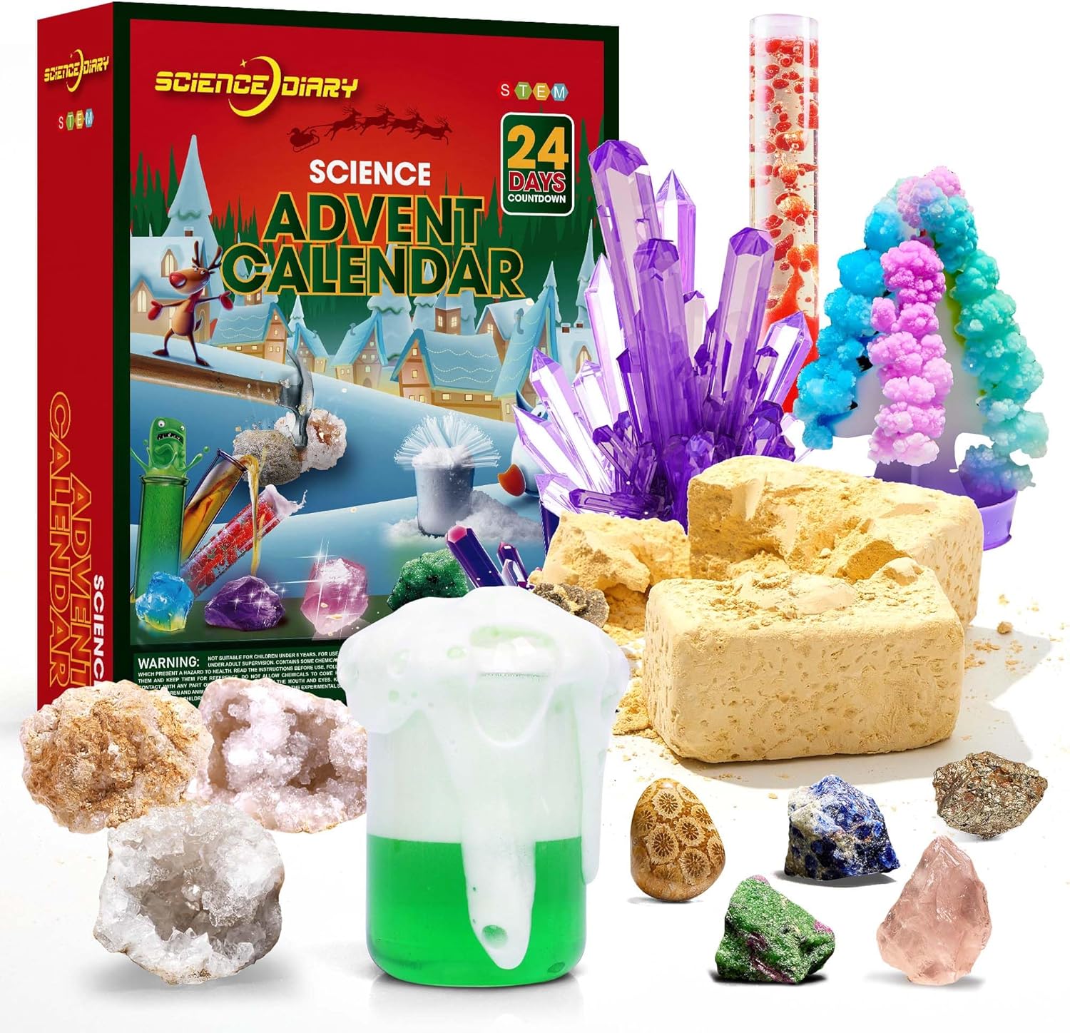 SCIENCE DIARY Experiments & Gemstone Advent Calendar 2024 for Children - Christmas Calendar with 24 Experiment Boxes and Crystals, Toy Advent Calendar, STEM Gifts for Boys Girls from 8-14 Years