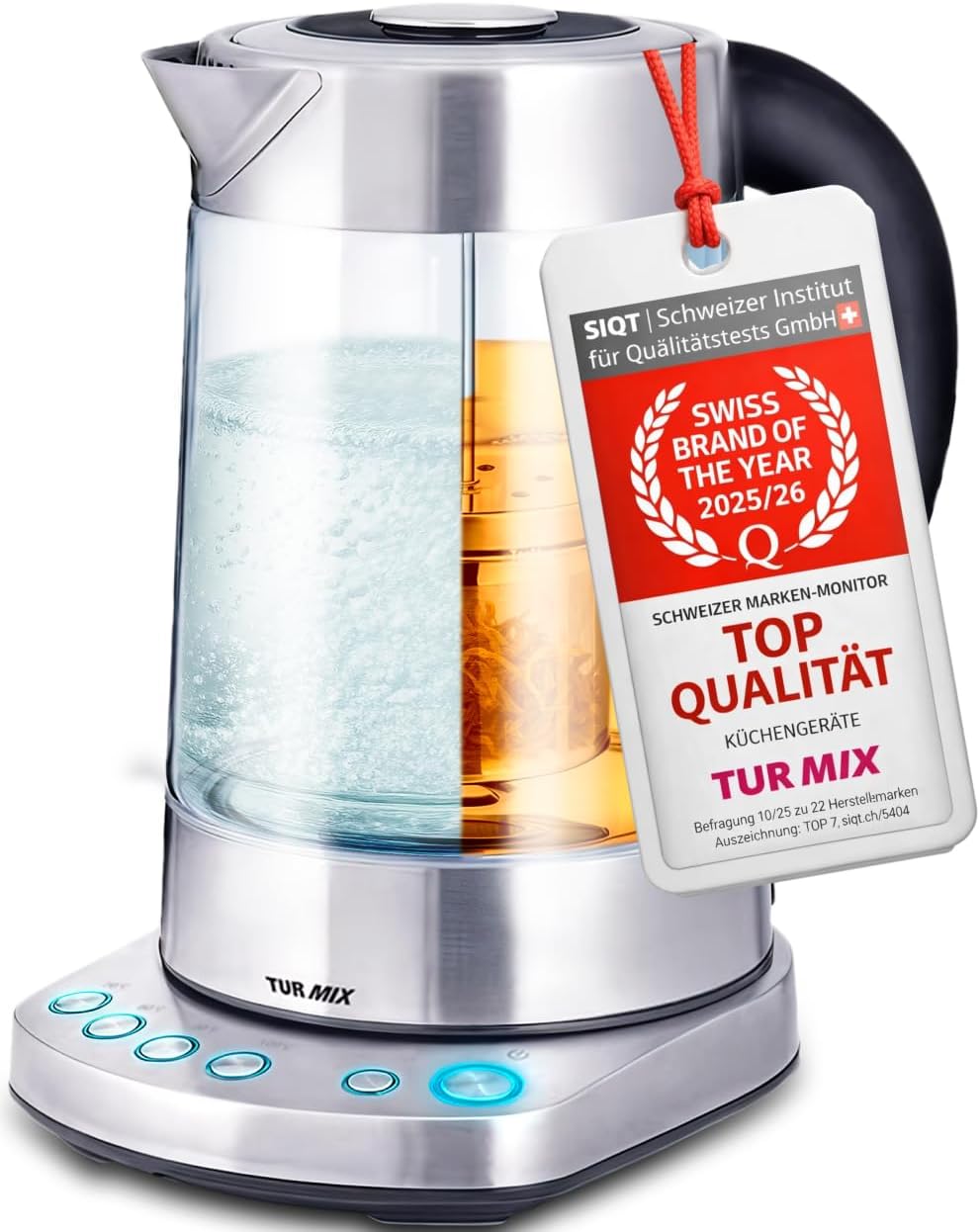 TURMIX 2-in-1 Electric Tea Maker with Kettle Glass 2200W 1.5L Silver, Temperature Setting 70-100°C, with Manual Lowering and Liftable Tea Strainer, 1 Hour Warming Function