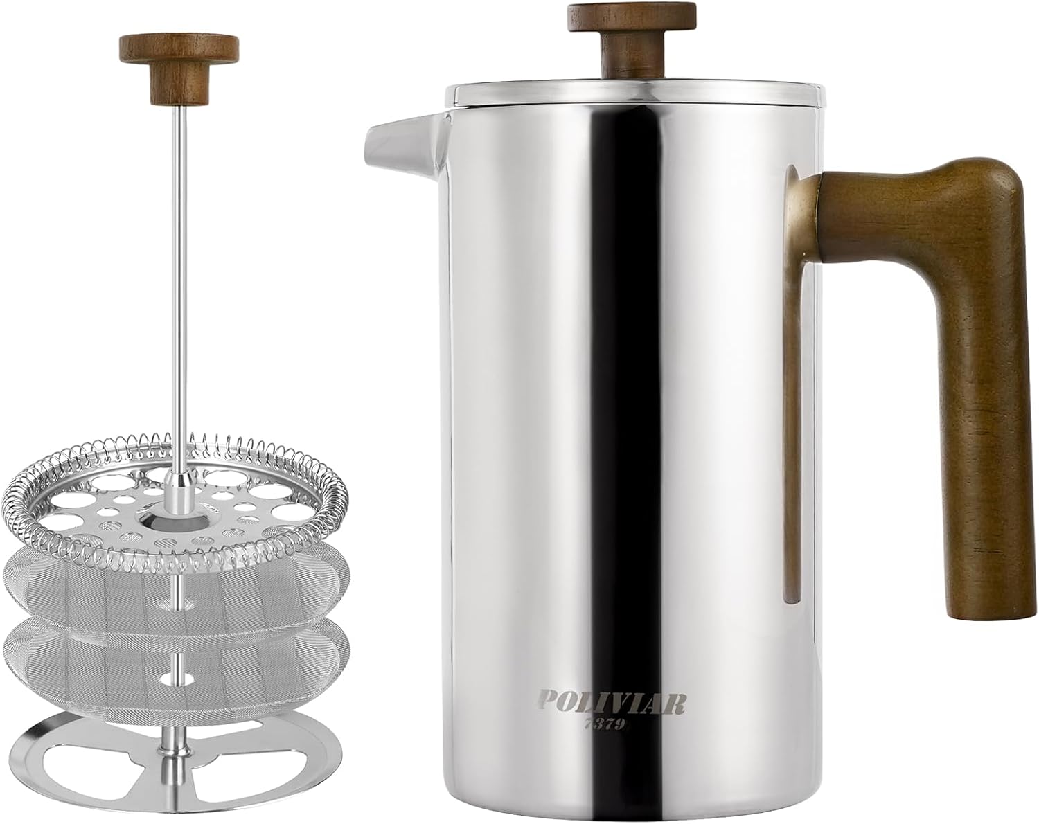 Poliviar French Press Stainless Steel Thermal Coffee Maker Double-Walled Insulated Coffee Maker 1 Liter Hand Filter Coffee Press with Plunger & Wooden Handle Coffee Press