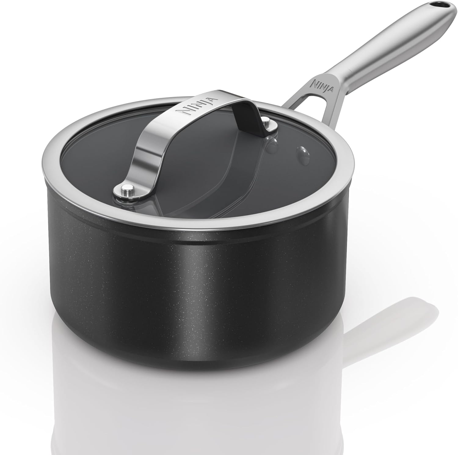 Ninja ZEROSTICK CW30216UK Ceramic Pro Saucepan with Glass Lid, Scratch Resistant, PTFE Free, All Hob Compatible, Black, CW30216UK