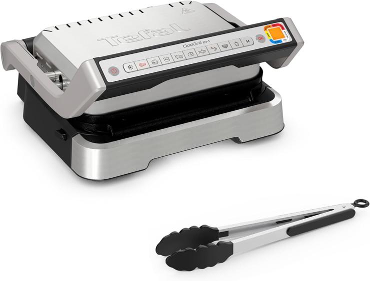 Tefal OptiGrill 2-in-1 Contact Grill, Hinged, Table Grill, 9 Programs, Cooking Level Display, Barbecue Tongs, Removable Plates, Electric Grill, GC773D10