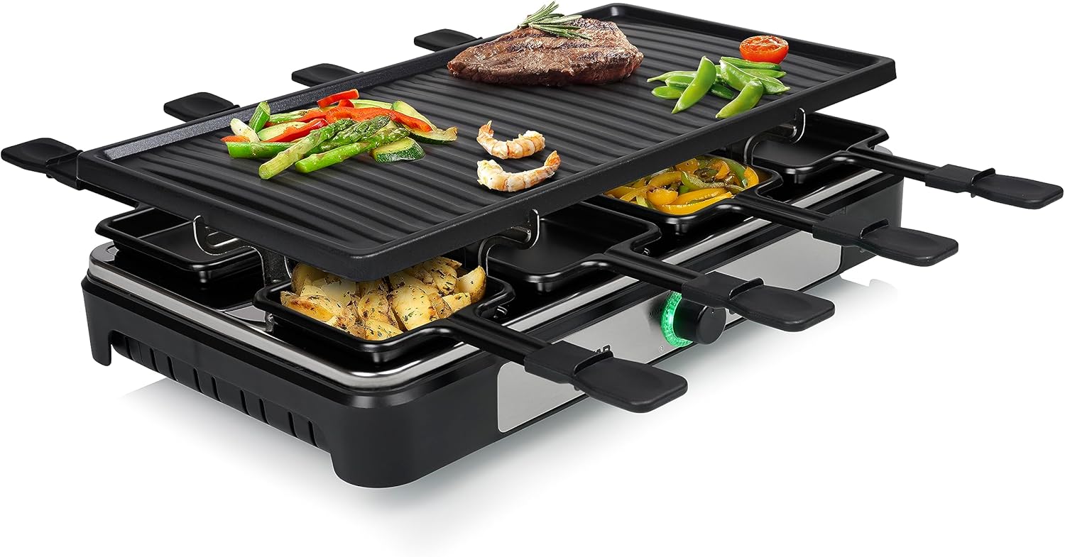 Tristar Raclette - 8 People - Cooking Surface 42 x 23 cm - Adjustable Thermostat with Light Ring - 1400 W - Black - RA-2746