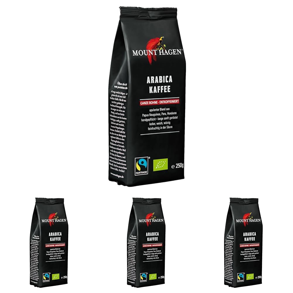 Mount Hagen Organic FT Naturland Arabica Roasted Coffee Whole Bean Decaffeinated 250g (Pack of 4)