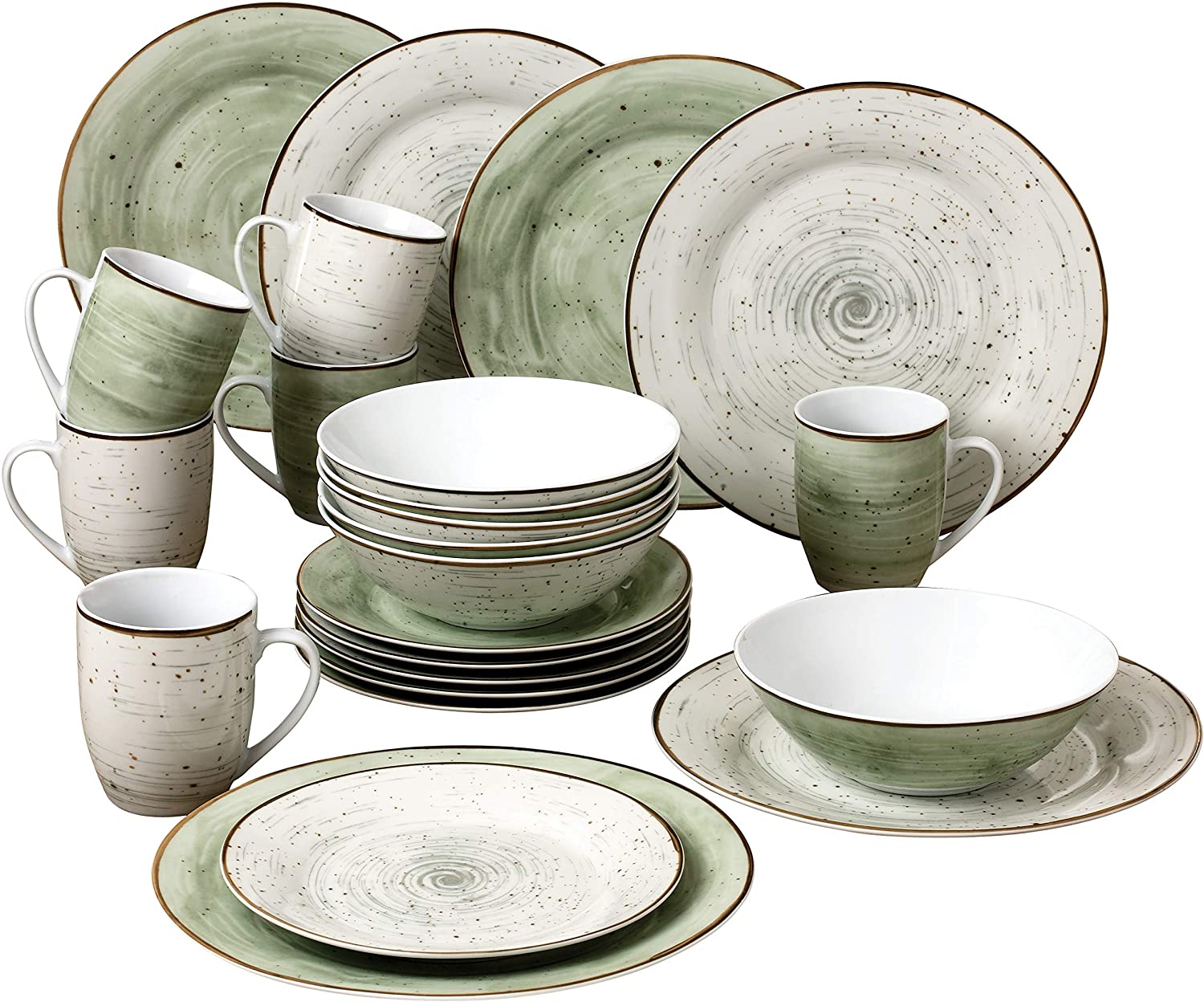 Van Well 24-Piece PUR Dinner Service for 6 People Coffee Cups / Cereal Bowls / Cake Plates / Flat Dinner Plates / Fine Porcelain / Dishwasher Safe