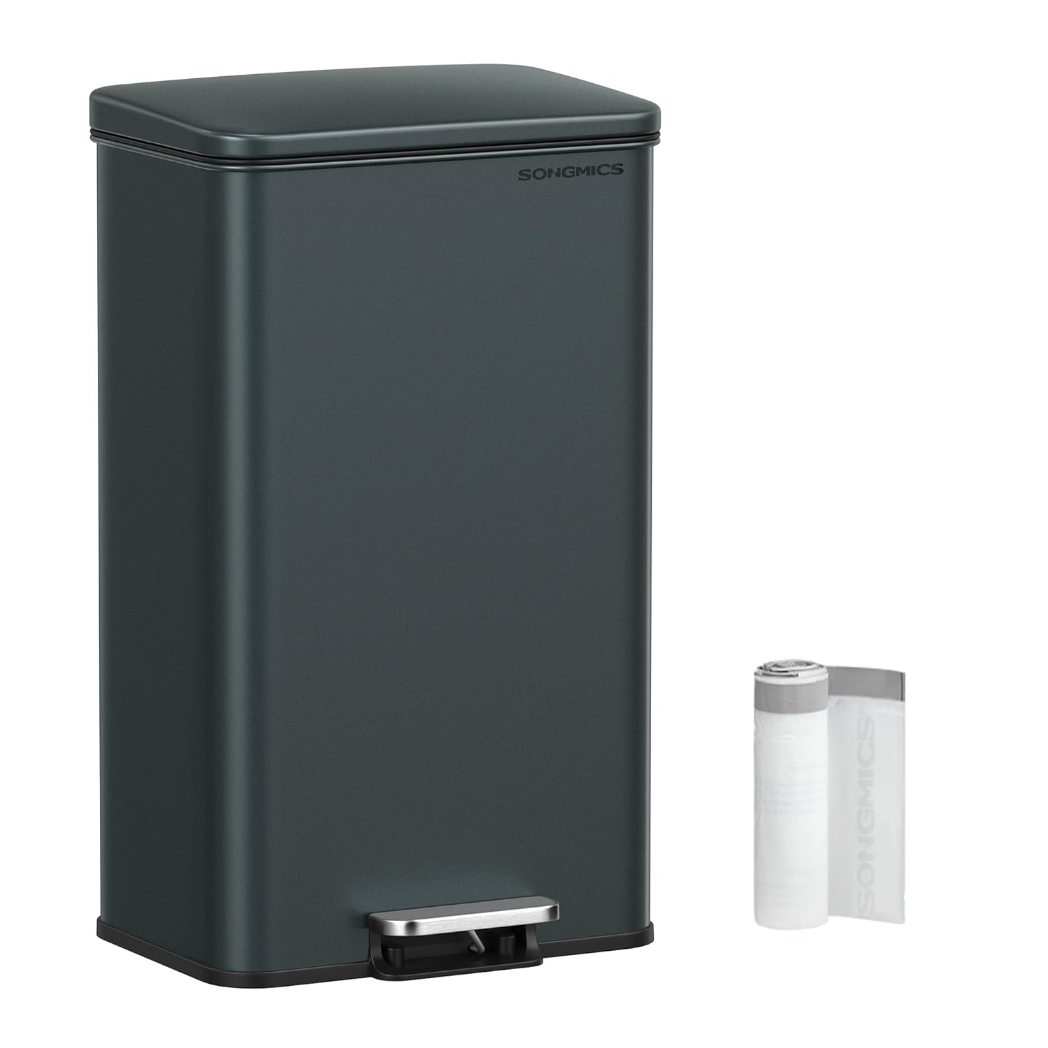 SONGMICS Kitchen Waste Bin, 40 Liter Large Pedal Bin with Lid, Made of Steel, Soft Close, Includes 15 Bin Liners, Anthracite Gray LTB540G02