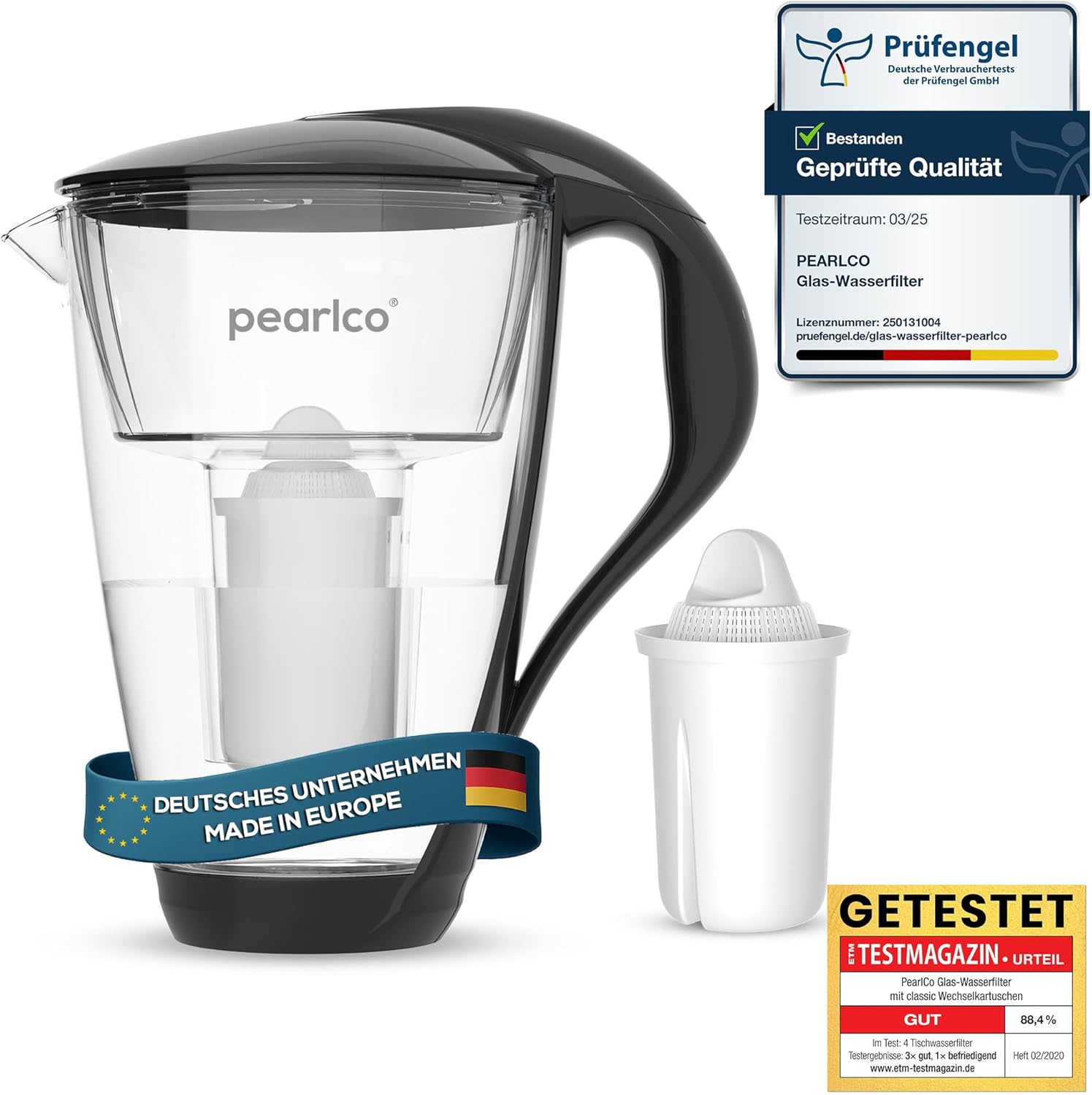 PearlCo Glass Water Filter (Black) Glass Jug with 1 Classic Filter Cartridge - Reduces Limescale & Heavy Metal - Protects Devices - Better Taste of Coffee & Tea - Made in EU