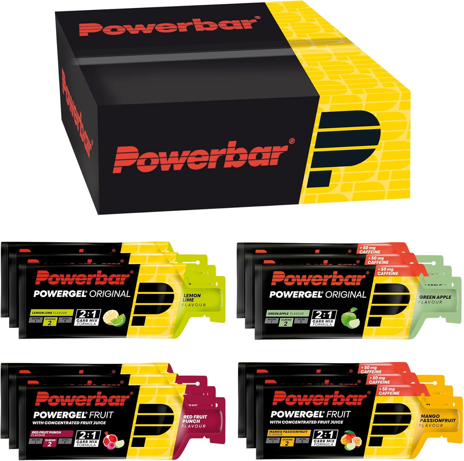 Powerbar - PowerGel Multiflavor Box - 12x41g - High Carb Energy Gels - 2:1 Carbohydrate Ratio - Sodium
