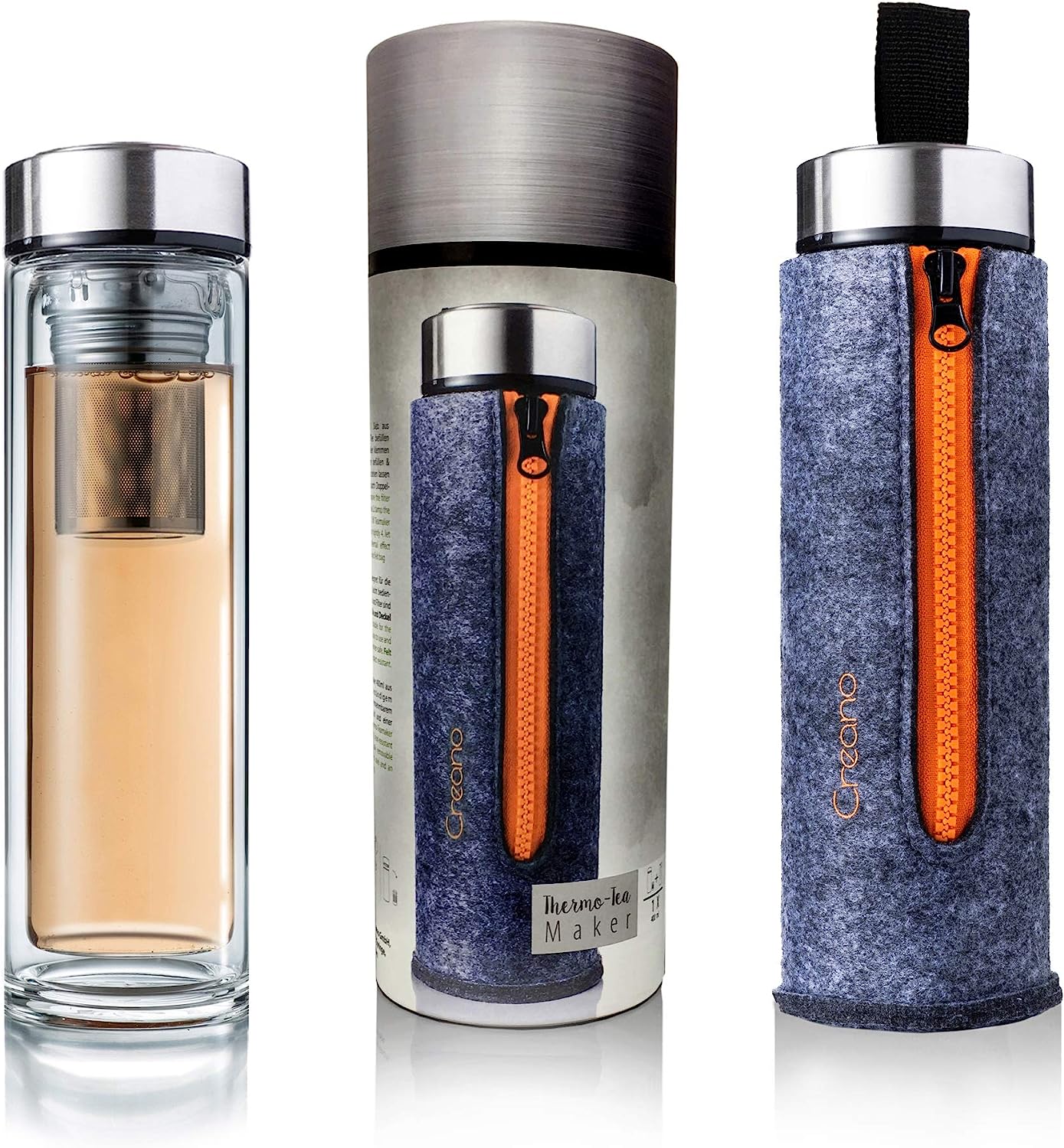 Creano Exclusive \ "Thermo-Teamaker \" Tea Maker 400 ml Made of Double-Walled, Heat-Resistant Borosilicate Glass with Removable Stainless Steel Tea Strainer and Lid in Elegant Felt Bag in High-Quality Gift Box., Orange