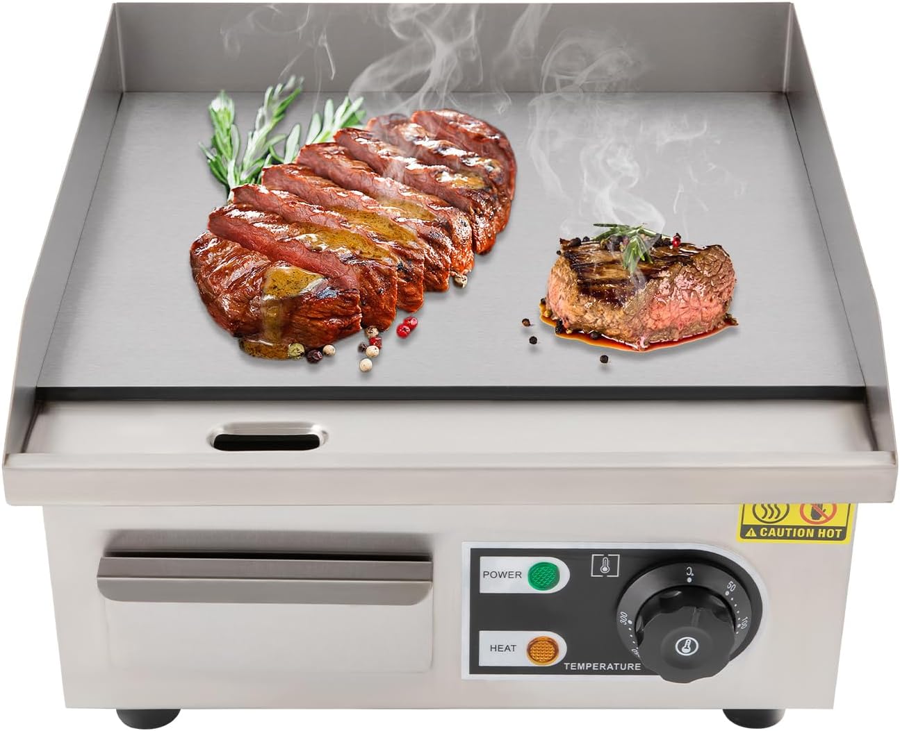TuliperMood 2000 W Commercial Electric Grill, Kitchen Electric Grill Plate, Teppanyaki Grill, Stainless Steel Grill with 8 mm Iron Plate, Temperature Range 50-300 °C, Silver, 35.5 x 38 x 21 cm