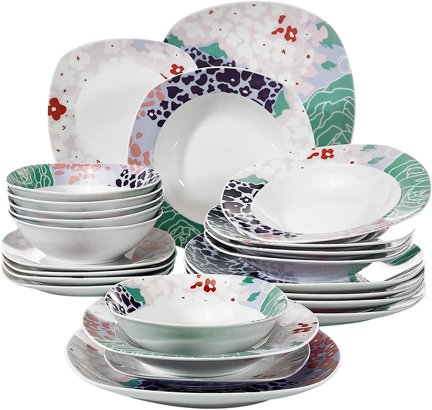Veweet Olina Porcelain Dinner Set 30 Pieces / 60 Pieces Dinner Service Including Coffee Cups 175 ml, Saucer, Dessert Plate, Dinner Plate and Soup Plate, for 6/12 People