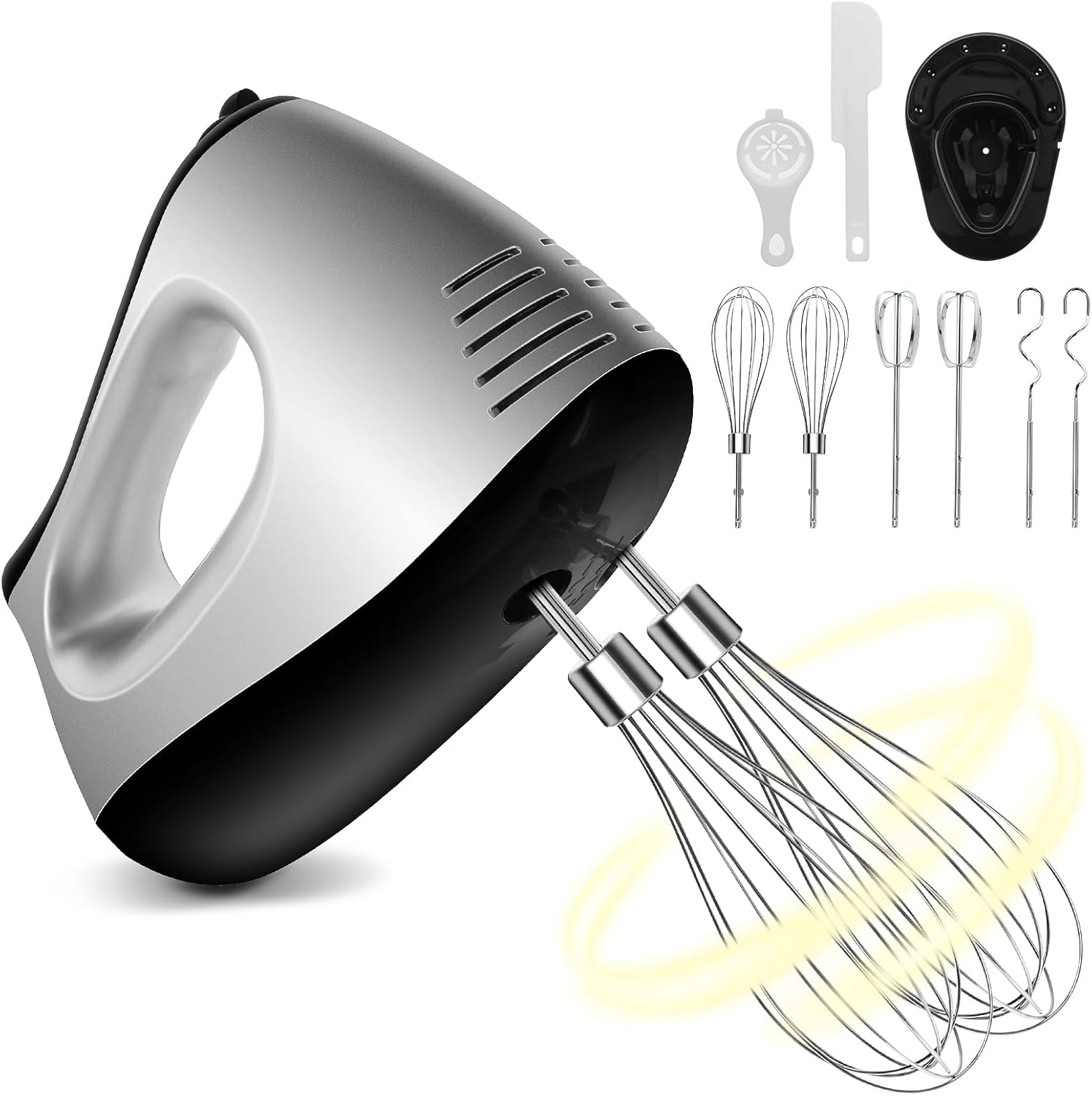 VIYSPNV 500W Hand Mixer with 5 Speed ​​Settings and Turbo Function, Electric Hand Mixer with 6 Attachments: Whisk, Dough Hook, Egg Whisk, Egg Separator, Spatula and Storage Stand