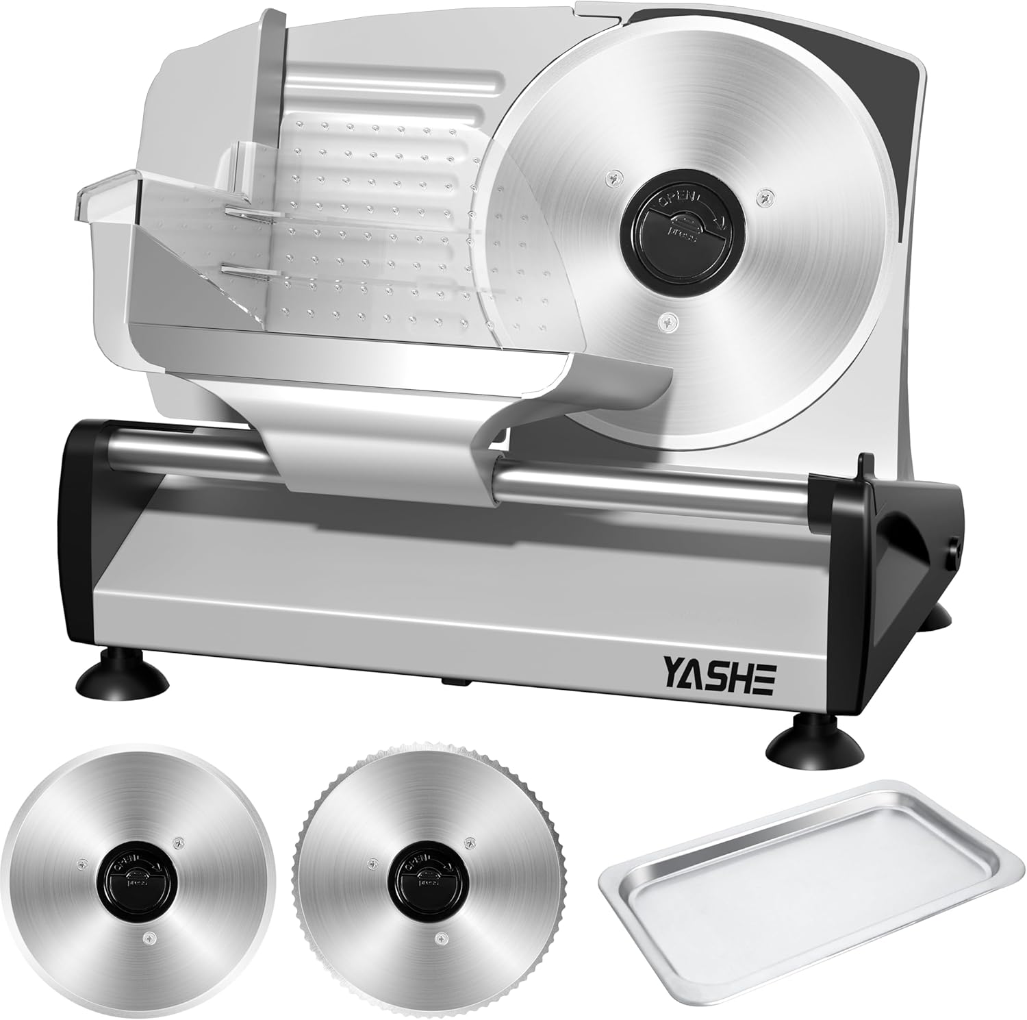 YASHE Electric All-Slicer with Quiet DC Motor, 200 W Bread Slicer, Dual 19 cm Stainless Steel Blades, 0-15 mm Adjustable Cutting Thickness, Ideal for Meat, Cheese, Bread and Vegetables