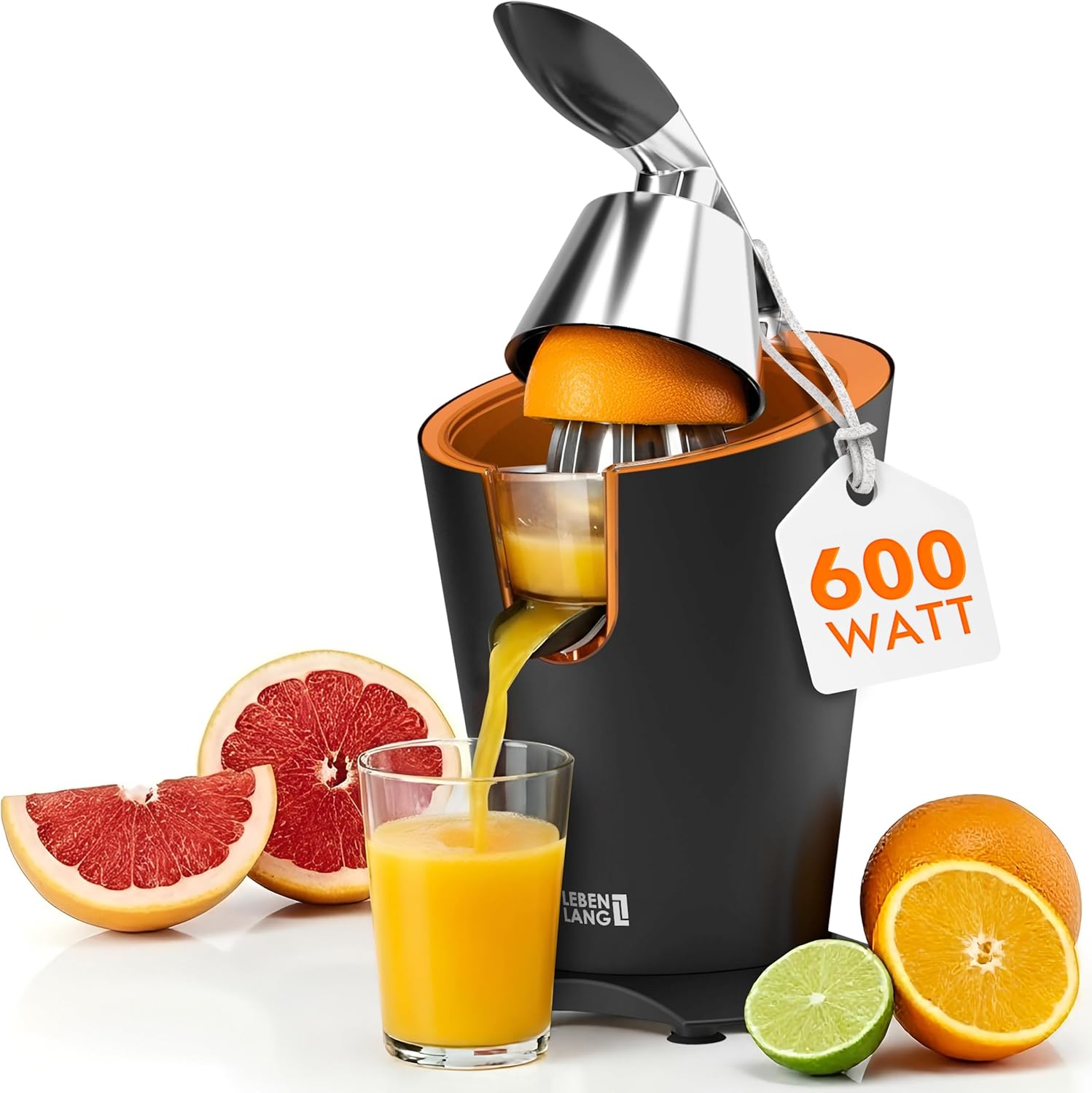 LIFETIME Orange Squeezer Electric Stainless Steel 600 W – Includes Stainless Steel Cone & BPA-Free I High Juice Yield for Oranges & Lemons I Electric Juicer Electric Juicer Citrus Juicer Fruit Press