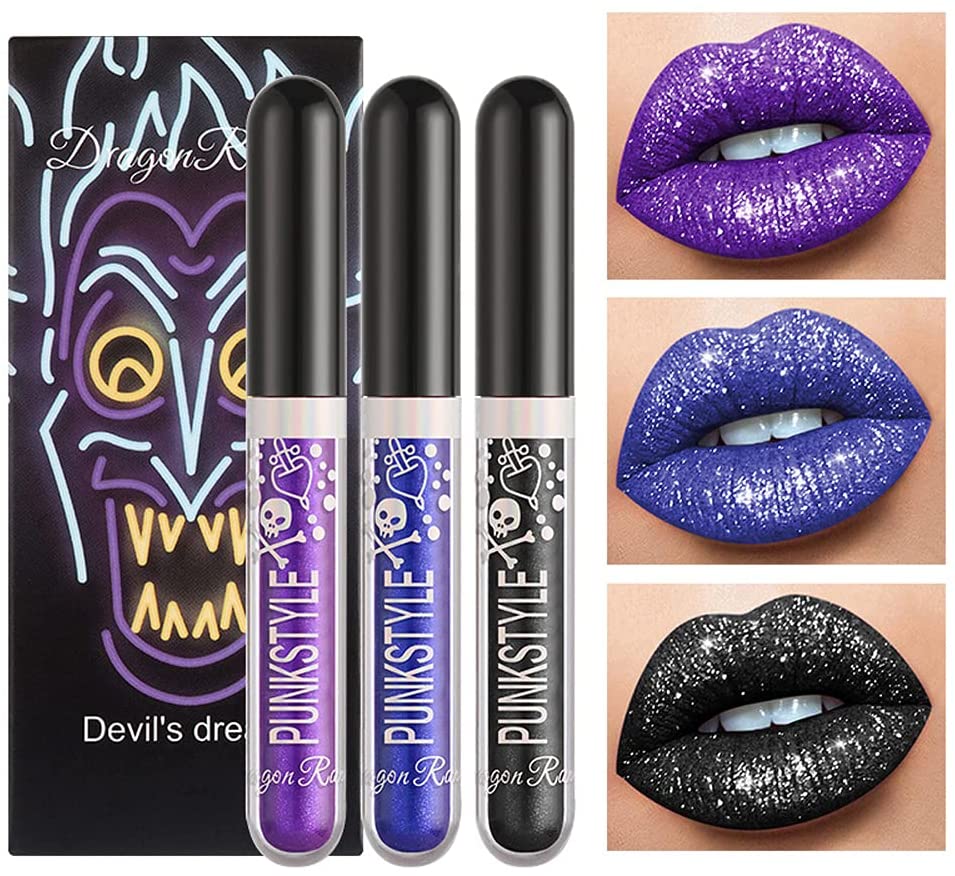 FILWO 1 Set 3 Colours Black Metallic Lip Gloss Diamond Glitter Lip Makeup Gift Glitter Lip Gloss for Appointments Office Shopping or Parties, 