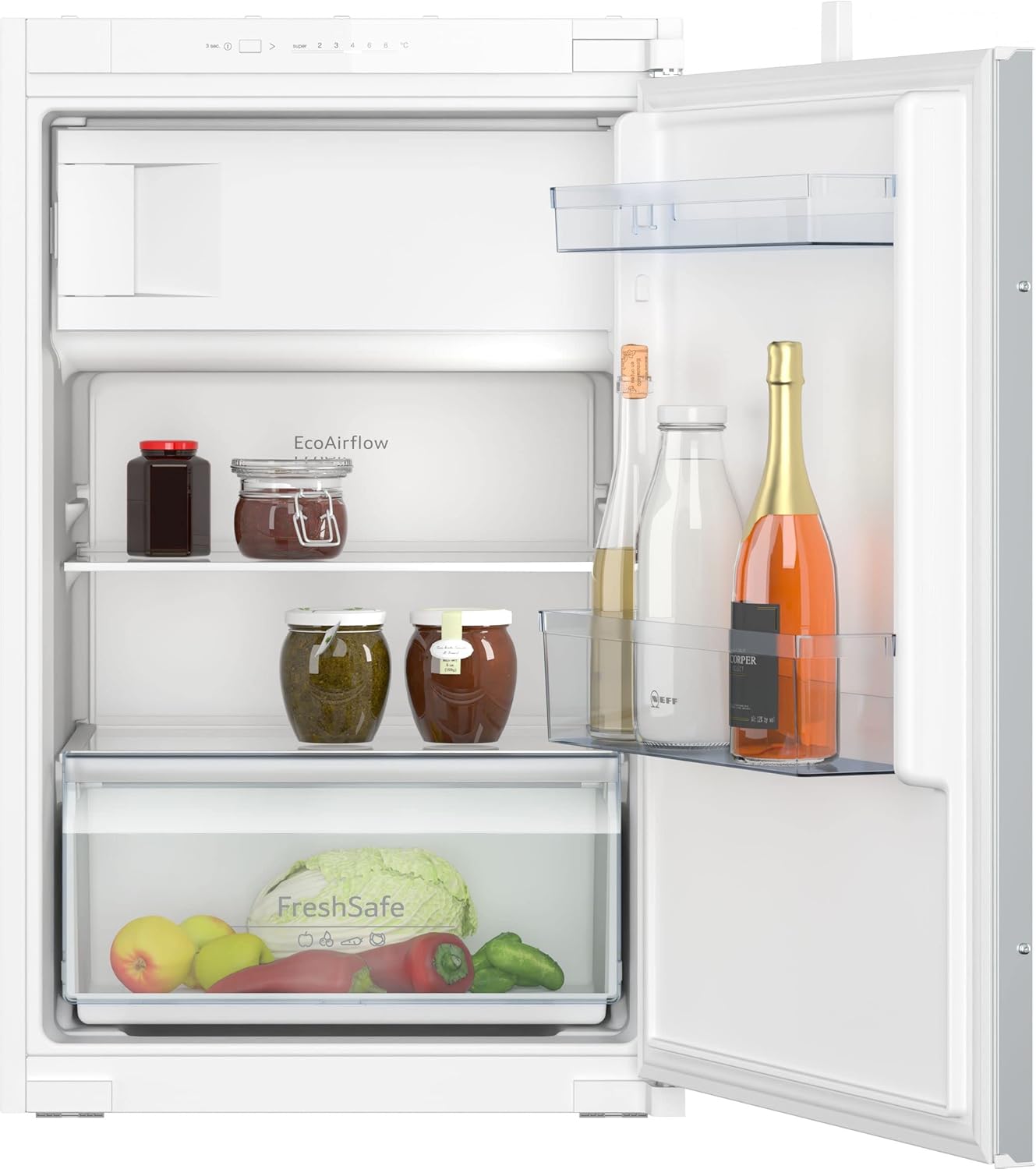 NEFF KI2221SE0, N 30, Built-In Fridge, Built-in Fridge with Freezer Compartment 88 x 56 cm, 104 L Cooling, 15 L Freezer, Tow Hinge, LED Lighting, EcoAirflow, Safety Glass Shelves