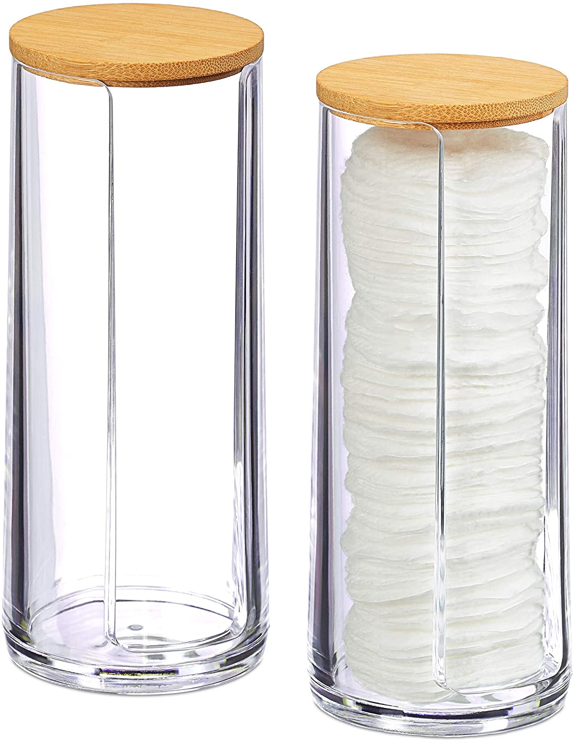 Relaxdays Cotton Pads Storage Set of 2 Acrylic Bamboo Bathroom Cotton Pad Dispenser with Lid 17.5 x 7.5 cm Clear / Natural