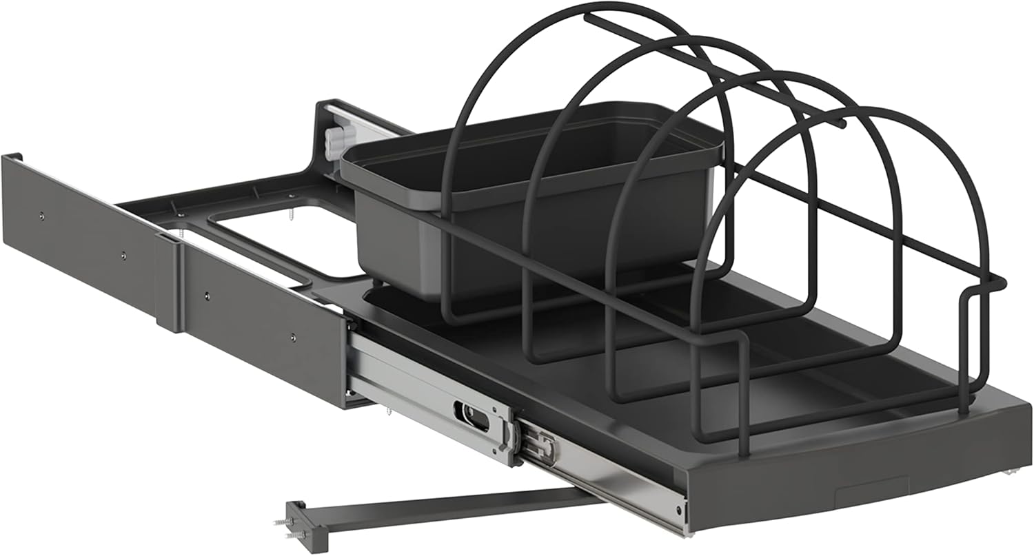 Emuca Kitchen Accessories Shelf, Floor Fixing & Manual Extension, Charcoal Gray Plastic, Steel & Plastic, 1 Unit