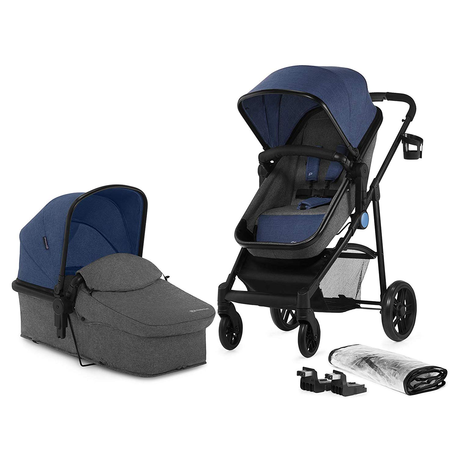 Kinderkraft 2 in 1 Juli Pushchair Set, Combination Pushchair, Pushchair, Pushchair, Carrycot Accessories, Easy Folding, 3 Seat Positions, Shopping Basket, 5 Point Seat Belt, Blue