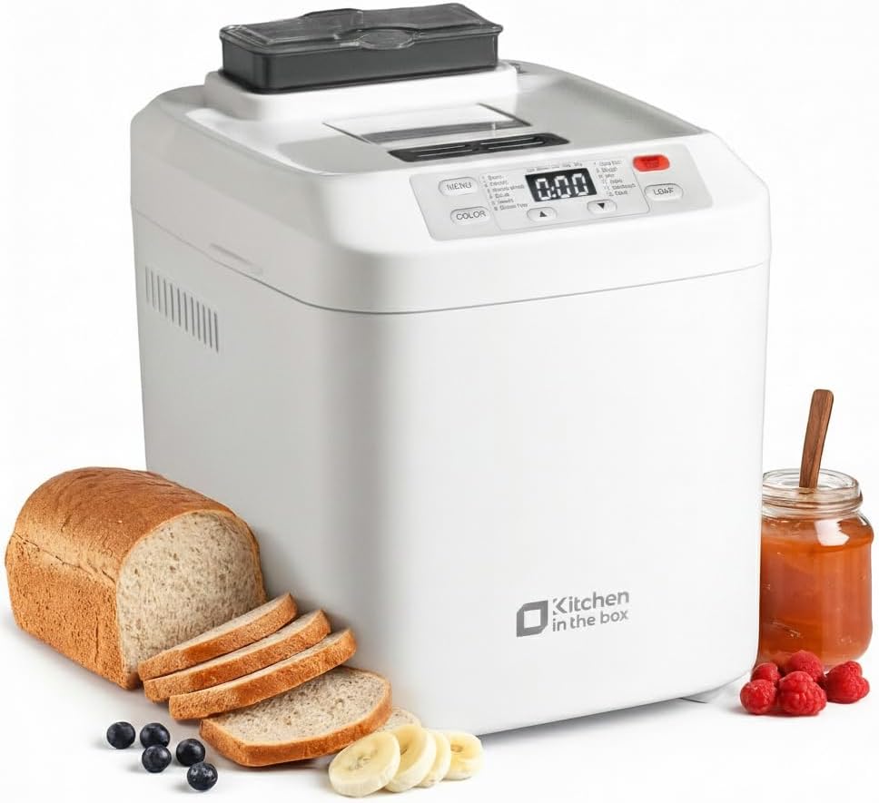 Kitchen in the box Bread Maker with 12-in-1 Programs, 2 Bread Sizes, 900 g, Ingredient Dispenser & Non-Stick Baking Mould, Bread Maker, 13h Timer, White