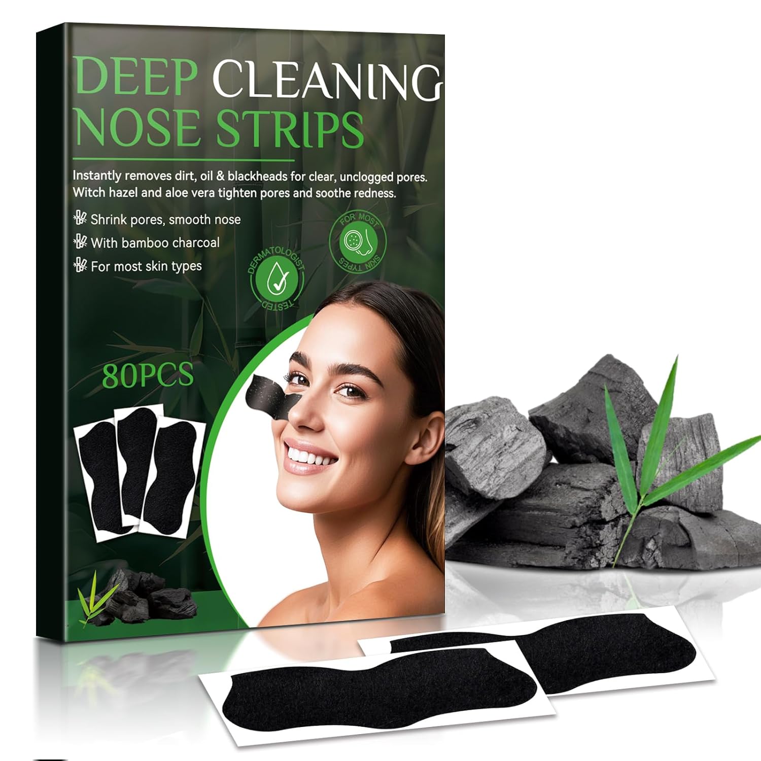 Eveellyn Blackhead Remover Strips, 80 Blackhead Remover Strips with Activated Charcoal, For Deep Pore Cleansing and a Refined Skin Appearance, Suitable for All Skin Types, for Men and Women