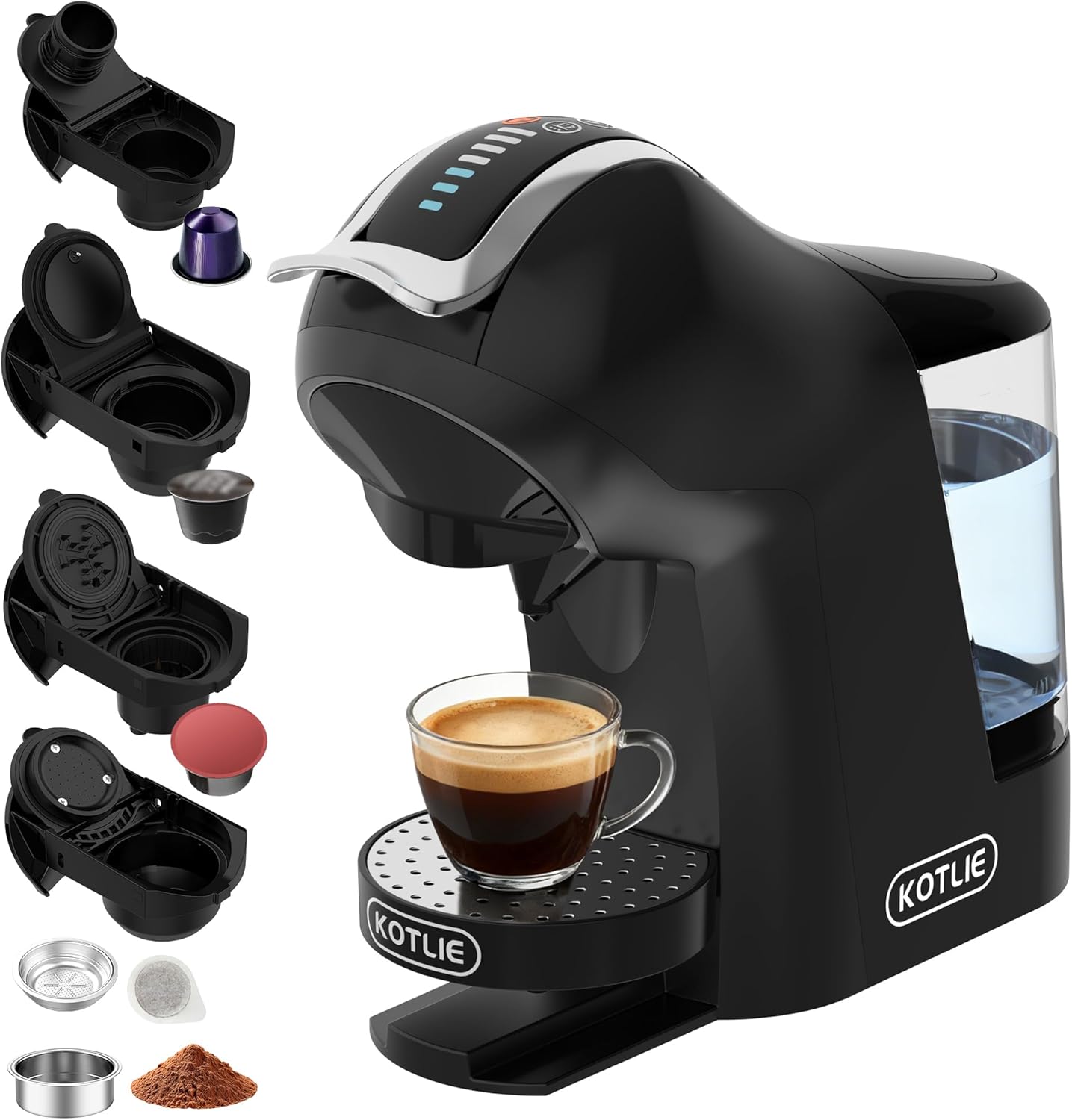 KOTLIE Store KOTLIE 5-in-1 Capsule Coffee Machine 19 Bar, Multi-Capsule Machine for Nespresso/Dolce Gusto/ESE Pads (44 mm)/Coffee Powder, 1 L Water Tank, 3 Temperatures/7 Water Quantities, Black