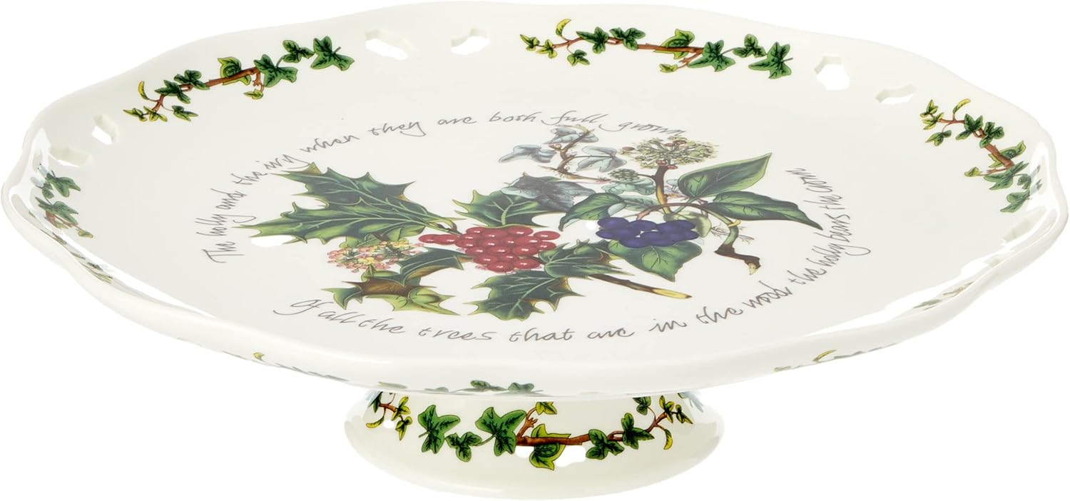 Portmeirion The Holly & Ivy Pierced Footed Cake Plate, Ceramic Multi-Colour, 26.6 x 26.6 x 7 cm