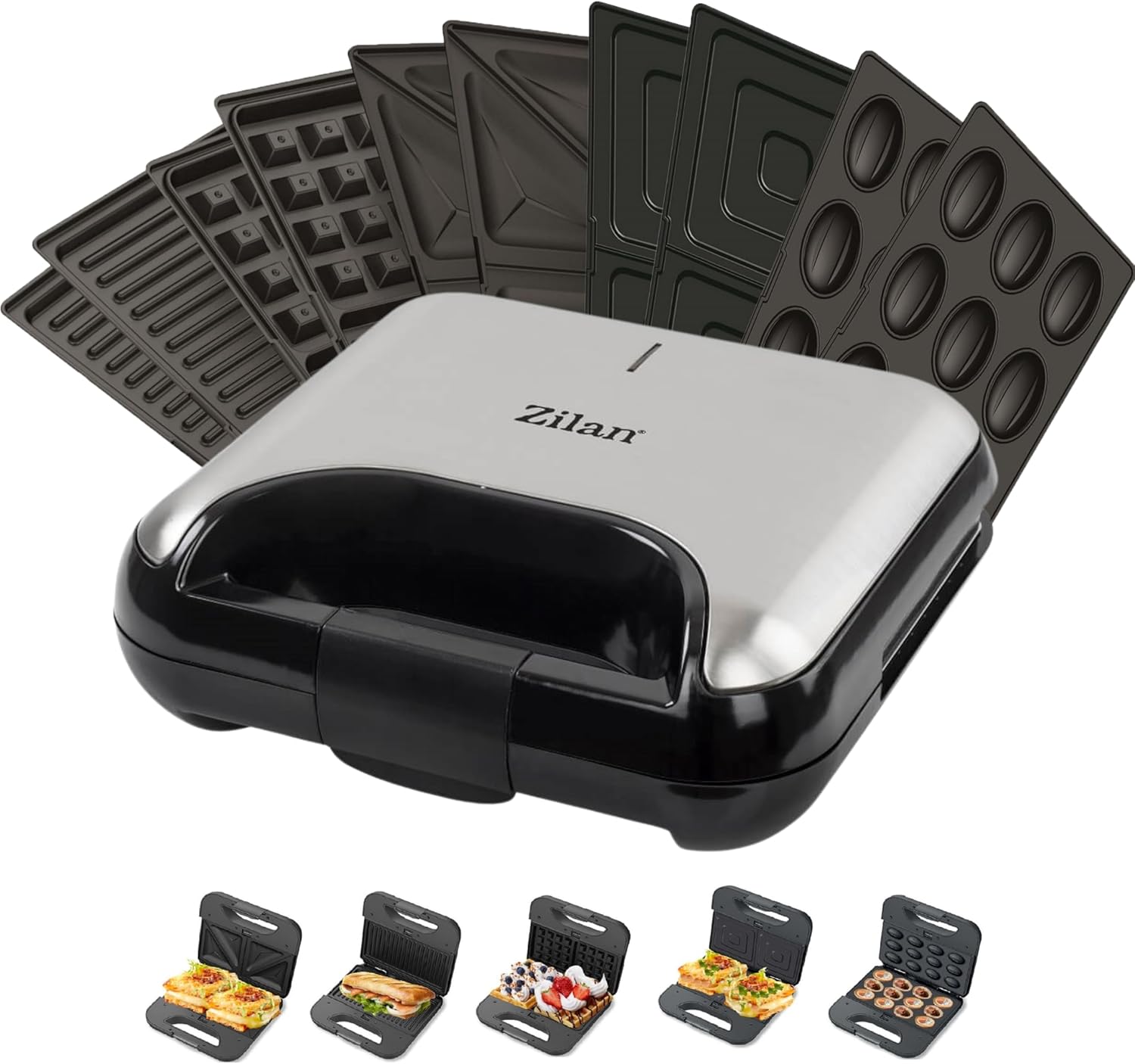 Zilan 5-in-1 Sandwich Maker, Waffle Iron, Nut Baker, Contact Grill, Electric Grill with Interchangeable Plates for Sandwich (Square & Triangular), Belgian Waffle Magic Nuts, Non-Stick Cool, Cool Touch