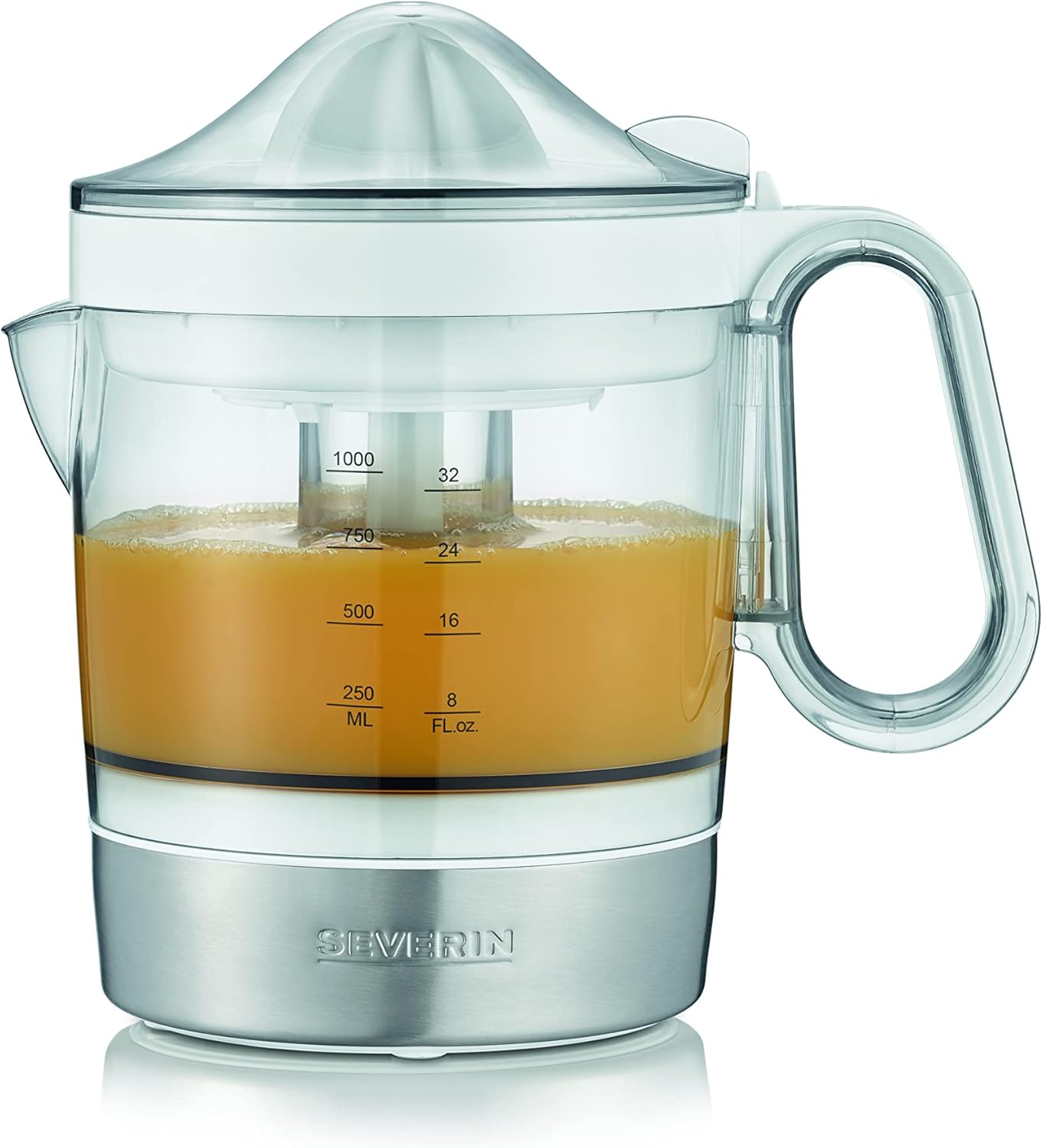 SEVERIN CP 3535 Citrus Juicer with Pulp Regulator, Easy to Use and Easy to Clean Citrus Press with XXL Juice Container, 1.0 L, 40 W, White/Brushed Stainless Steel