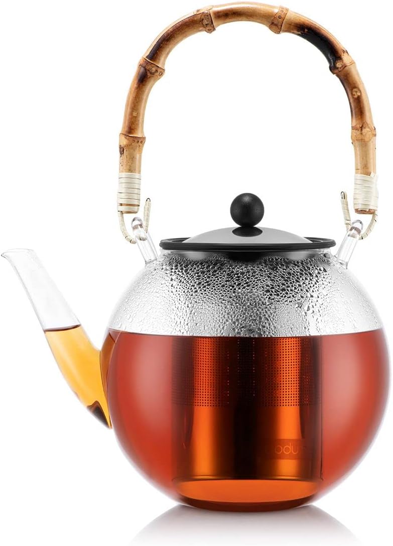 BODUM Piston Teapot, Stainless Steel Filter, Natural Bamboo Handle, Transparent, Glass, glass, Bambou, Transparent, Inox, 1,5 L