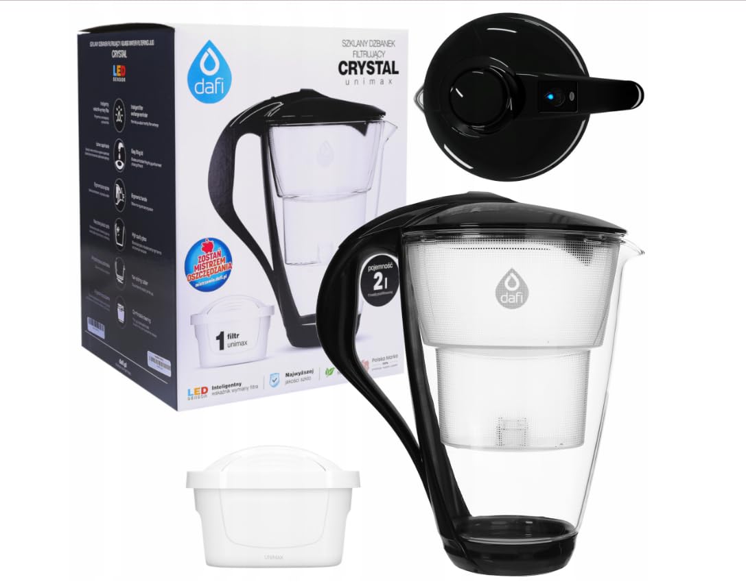 DAFI Store Dafi Crystal Glass Water Filter Jug, 2 L, Water Filter System to Reduce Limescale, Chlorine, BPA-Free, LED Sensor, Water Filter Jug + Water Filter Unimax (Black)