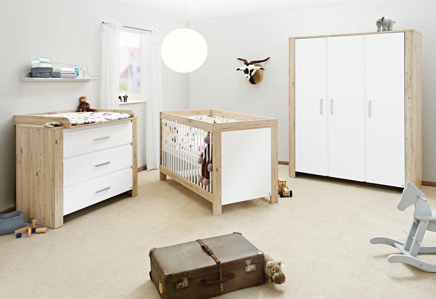 Pinolino Candeo Children\'s Room Wide Large 3-Piece Cot (140 x 70 cm), Wide Changing Table with Changing Unit and Large Wardrobe, White / Oak with Real Wood Structure (Item No. 10 00 56 BG)