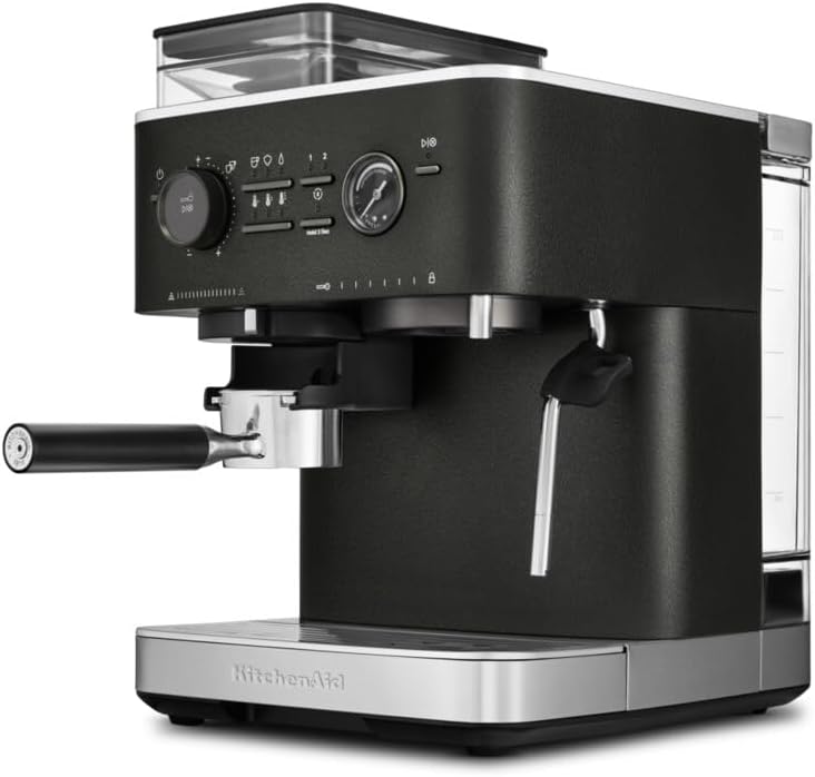 KitchenAid Coffee Machine with Grinder, Semi-Automatic Espresso Machine, Hot Drinks from Espresso to Cappuccino, Milk Frother for Milk Jug, Bean Container (Black)