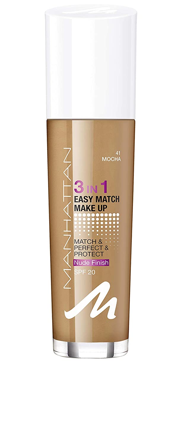 Manhattan 3-in-1 Easy Match Make-Up, Liquid Foundation for Dark Skin with SPF 20, Colour Mocha 41, 1 x 30 ml, ‎41